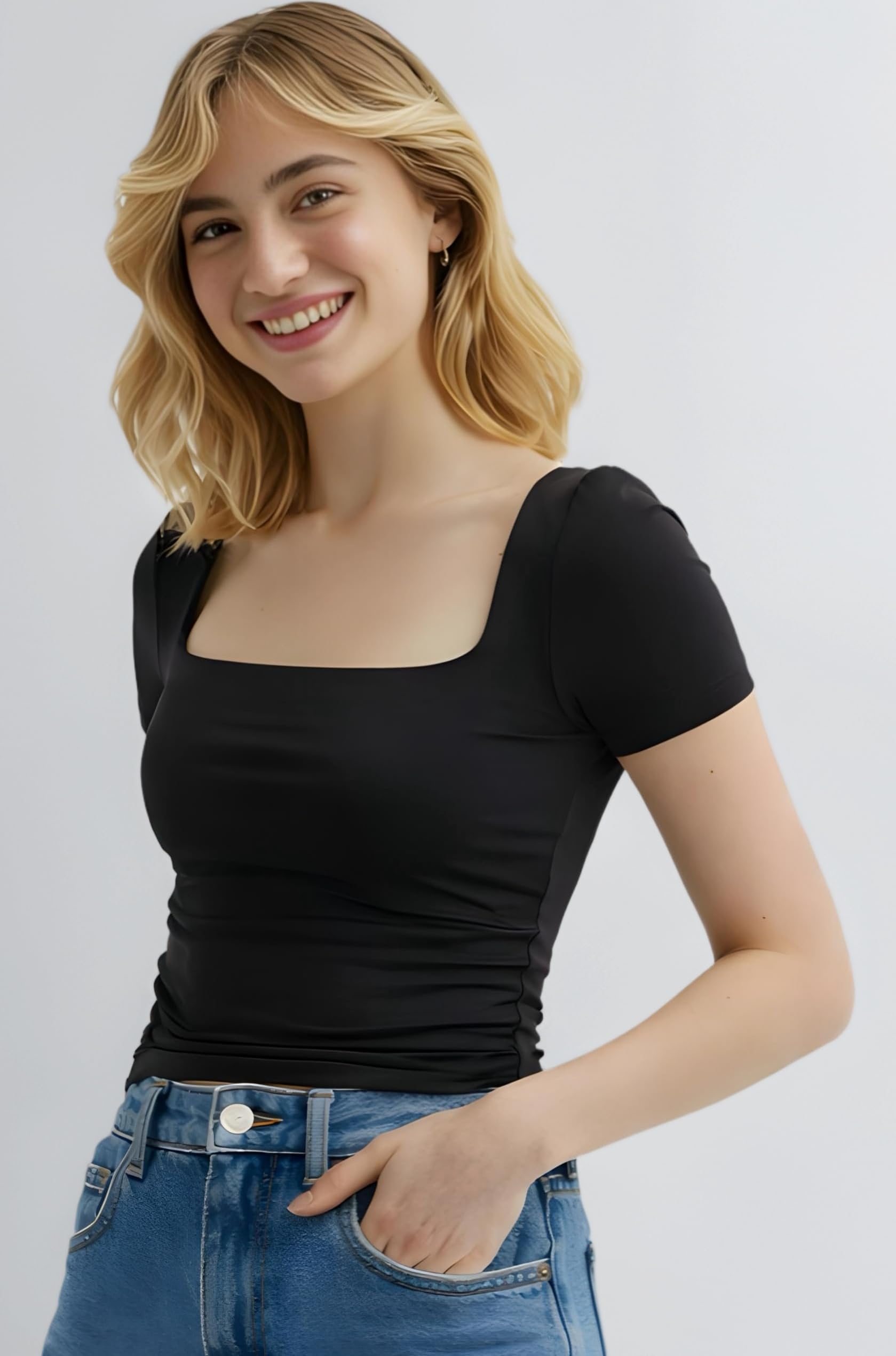 SOFTLINE SQUARE NECK DOUBLE LAYER SHORT SLEEVE MICROFIBER CUDDLE TEE AFFORD LUX EDITION FEATHER TOUCH TOP FOR WOMEN