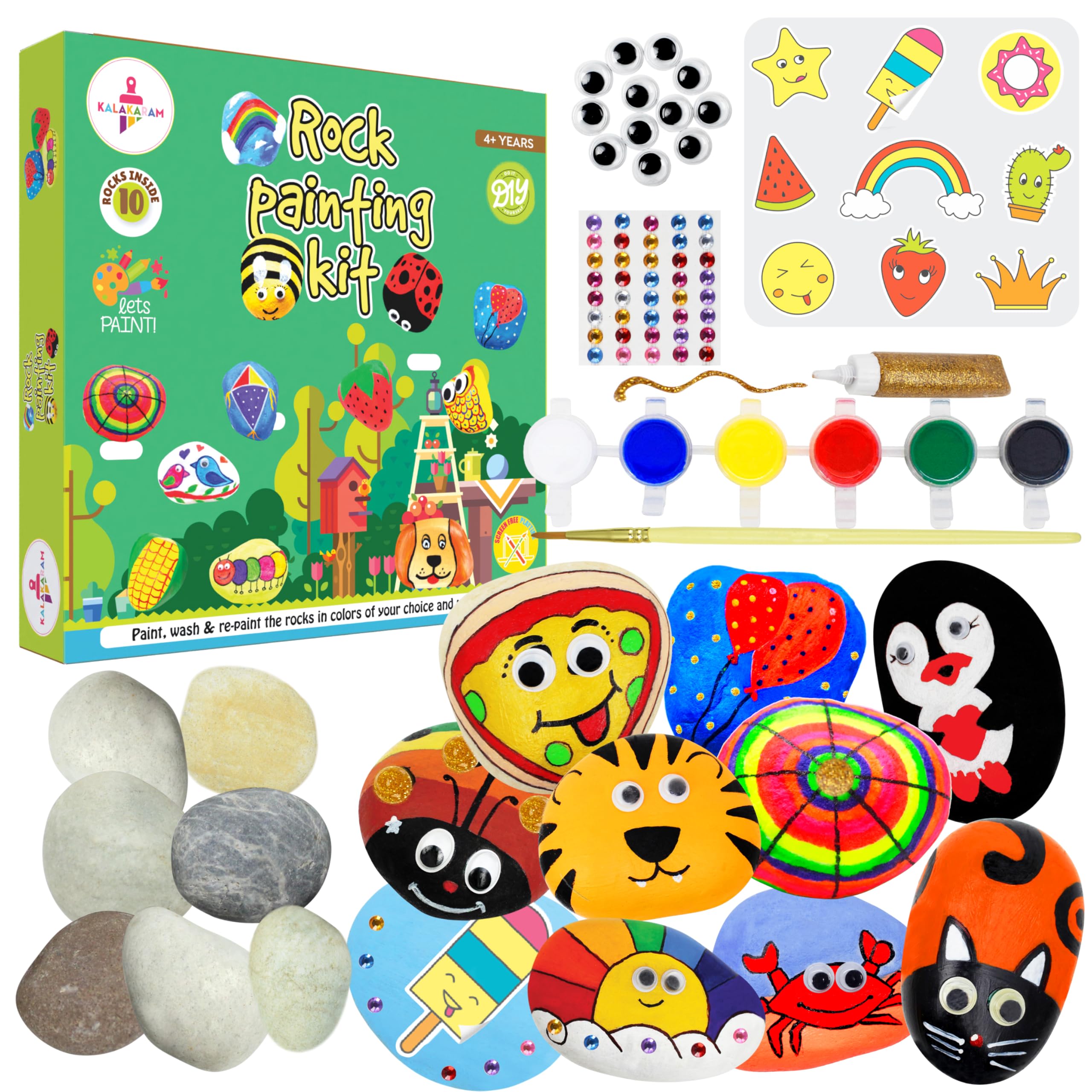 Kalakaram DIY Rock Painting Kit, Comes with 10 Re-usable Rocks, Ultimate All in One Rock Painting Kit, DIY Painting Set with Washable Paint and Stones, DIY Painting Kit, Activity Kit for Kids