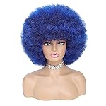 JSDshine 70s Afro Kinky Curly Wig For Women - Soft, Bouncy, Natural Looking Synthetic Hair - Blue Color, With Bangs