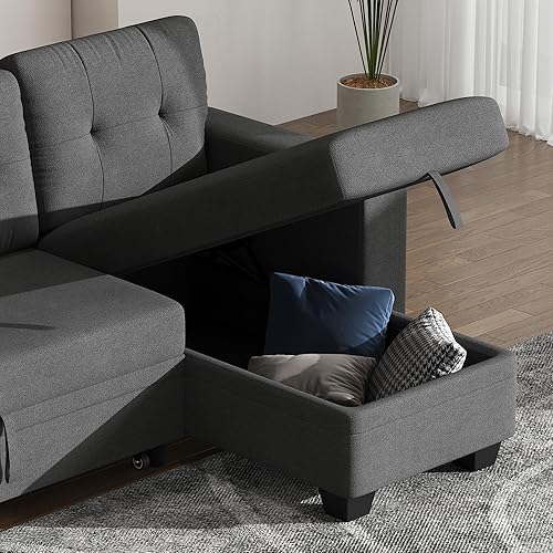 Miniatura 7 de YESHOMY Sofá cama reversible convertible con diván de almacenamiento, muebles de tela de lino para sala de estar, gris