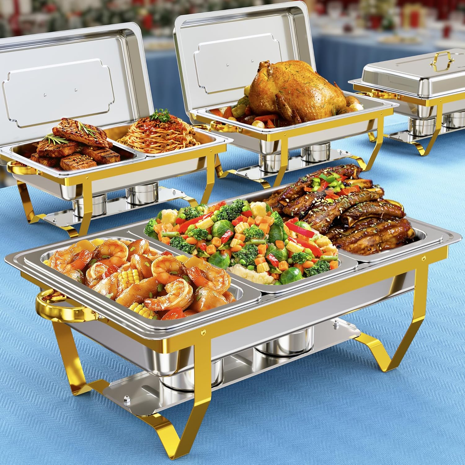 Chafing Dishes for Buffet 4 Pack 7 Pans, 9.5QT [Sturdy & Rolled Edge] Chafing Dish Buffet Set, [Mirror-Like Polished Finish] Easy to Clean Food Warmers for Parties, Gathering, Wedding, Event, Catering