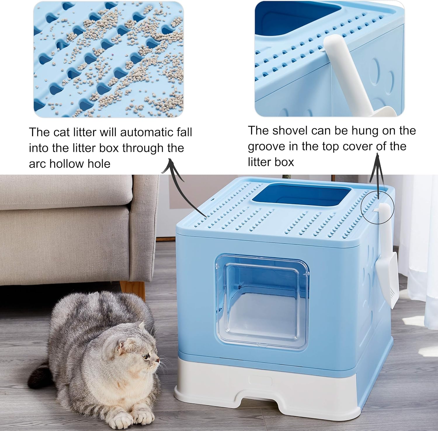 Suhaco Foldable Cat Litter Tray, Large Cat Litter Box with Lid, Top