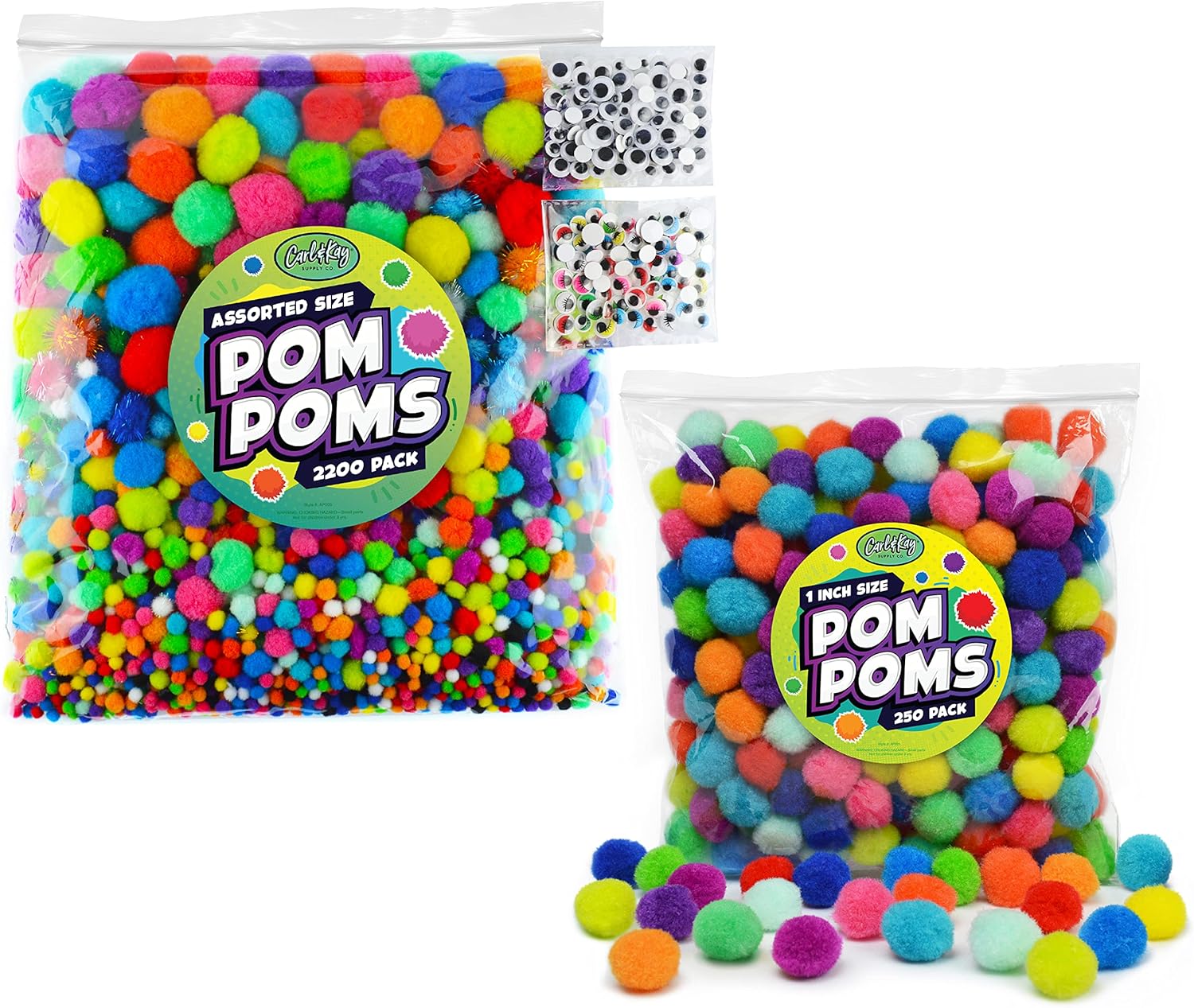 Carl & Kay 250 1 Inch Pom Poms & Assorted Size 2000 Pom Poms + 250 Googly Eyes