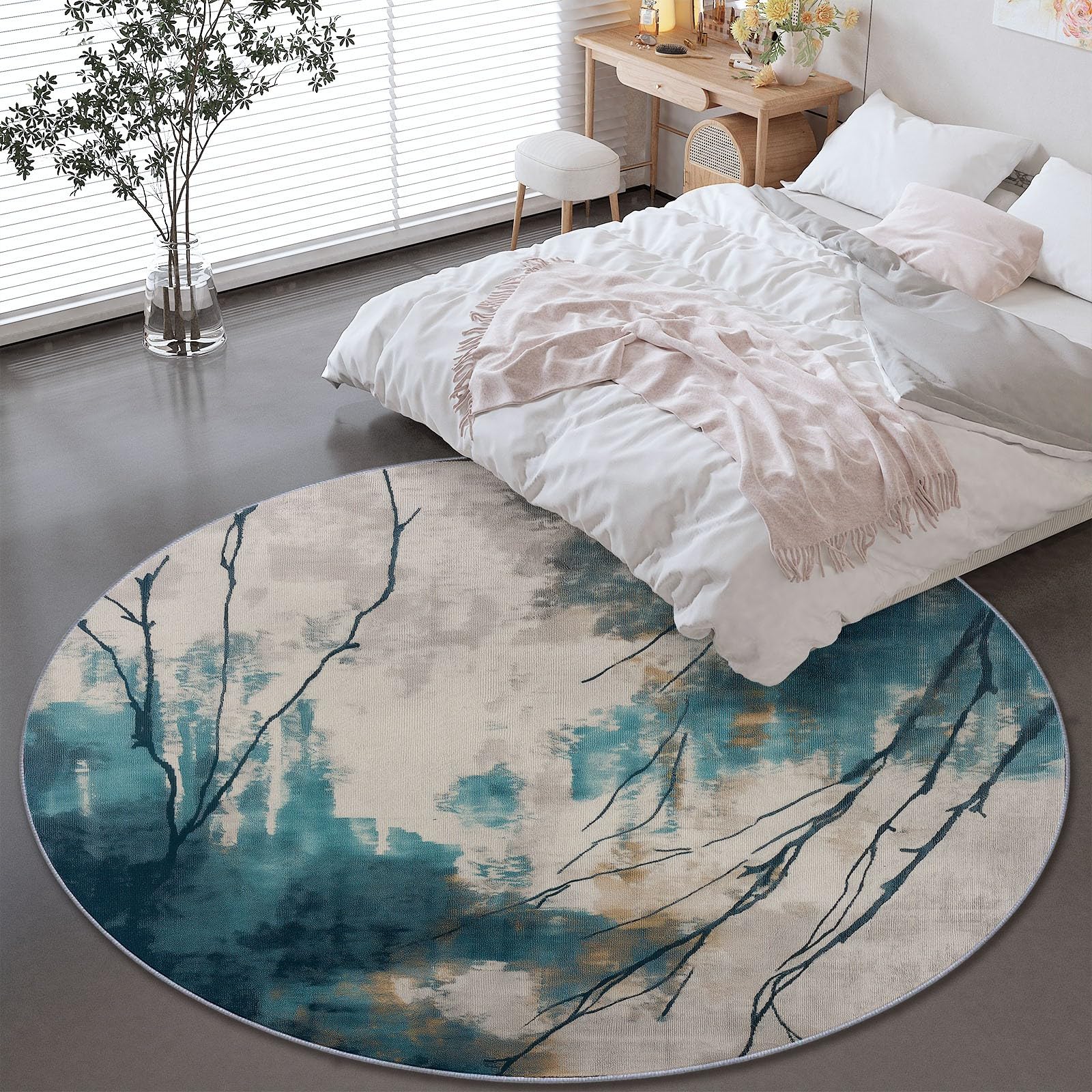 Tapis rond pour salon 90 cm abstrait rétro gris-bleu