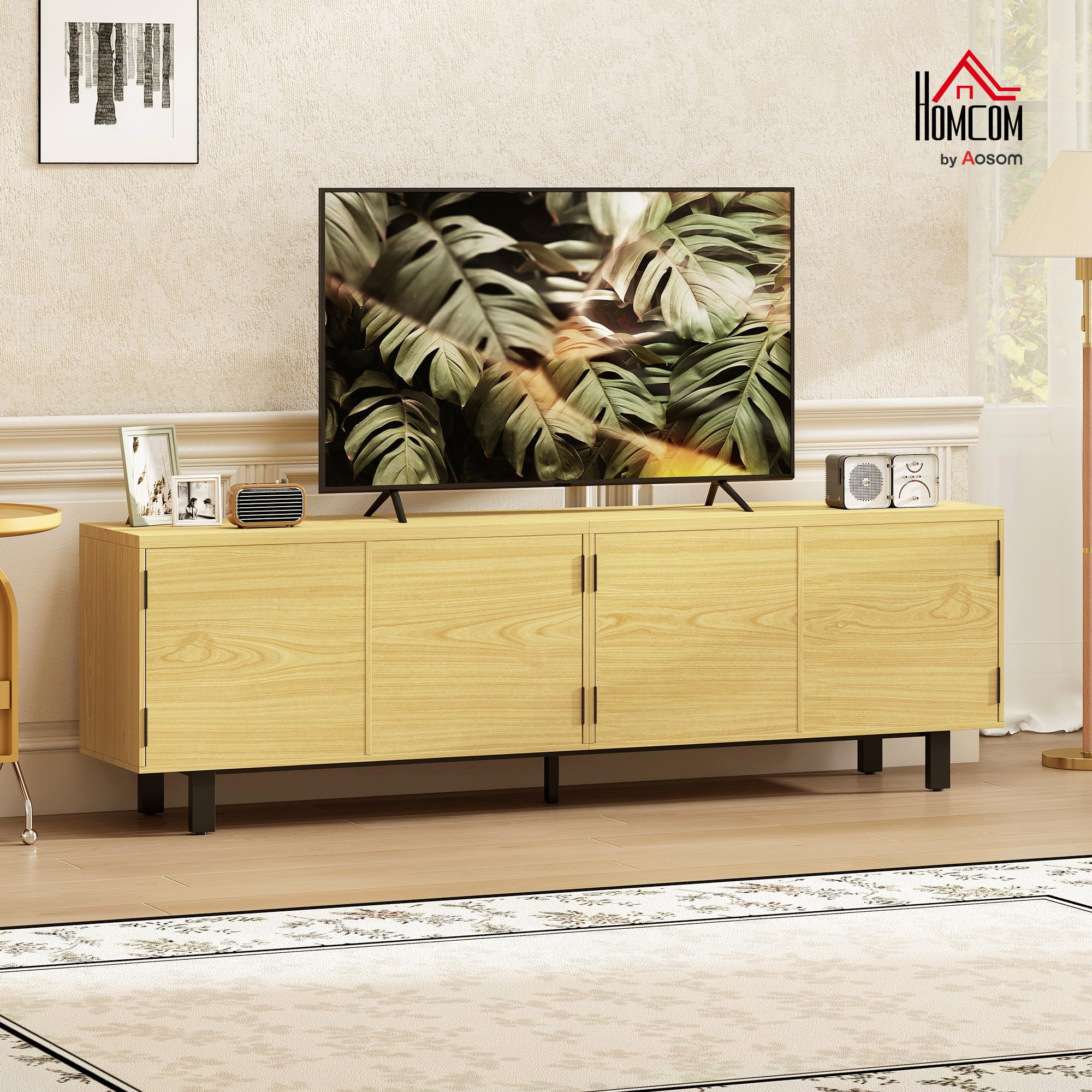 HOMCOM Meuble TV 180 cm Téléviseur jusqu'à 82 Pouces Effet Bois Naturel