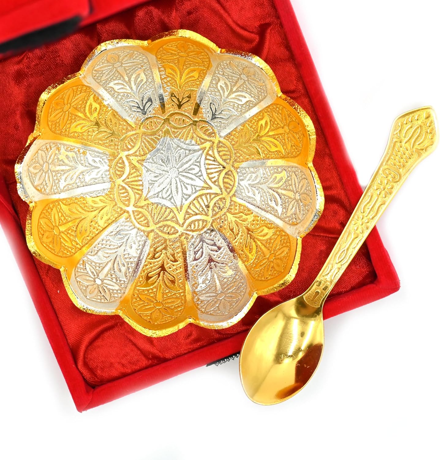 Pack of 5 Decorative Silver Gold Plated Lotus Bowl 4 Inches, Dessert Dry Fruit Bowl Embossed Serving Bowl With Spoon, Indian Wedding Return Gift