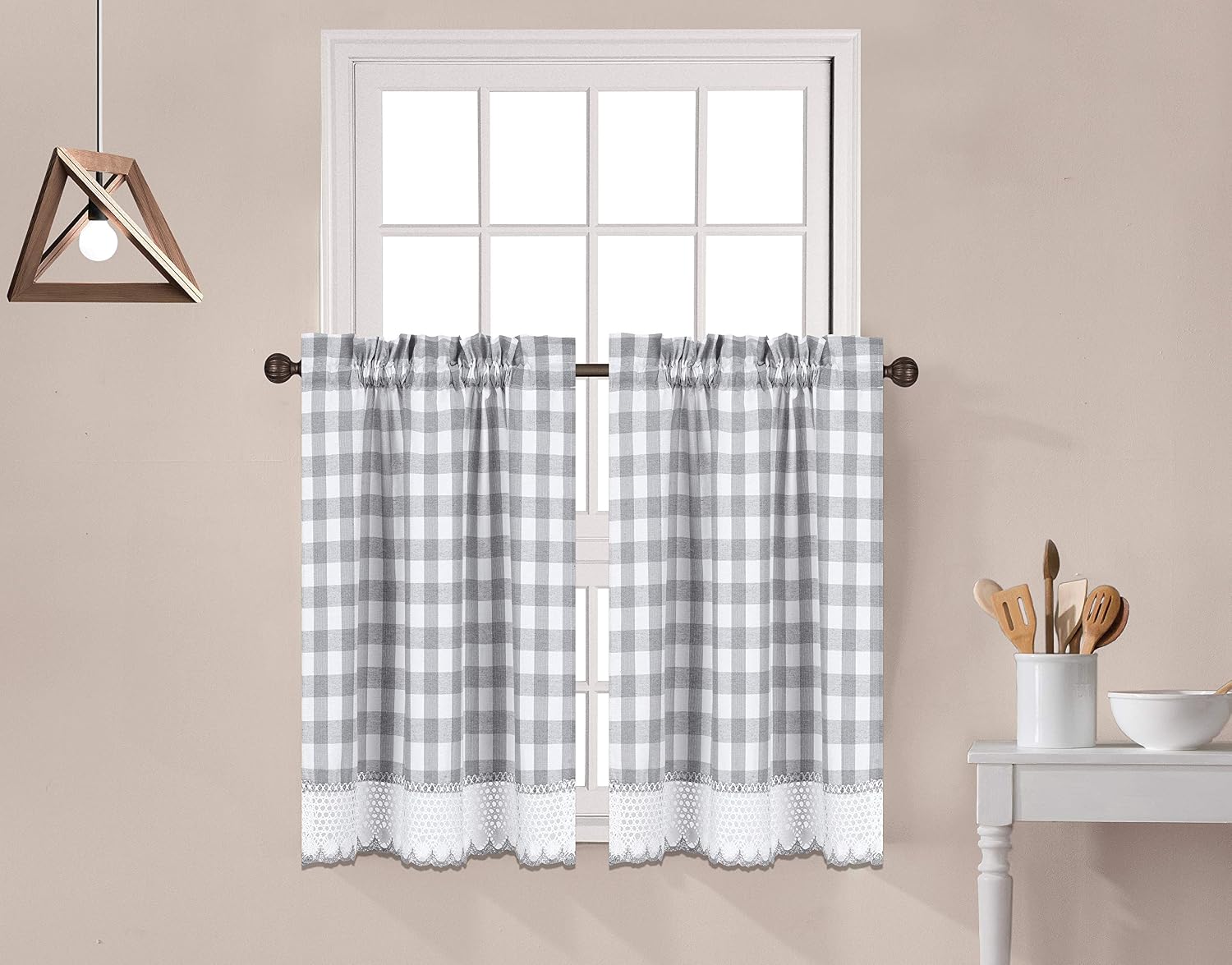 Decotex 2 Piece Buffalo Check Plaid Gingham Crochet Lace Trimmed Window Curtain Tier Panel Set (29" W X 24" L, Sage/Beige)