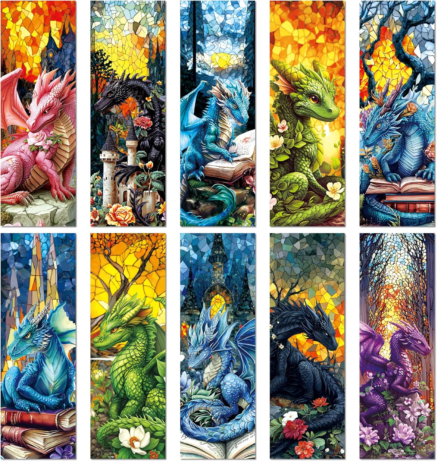 Fantasy Dragon Bookmark Gifts - 10 Pcs Personalized Vintage Stained Glass Bookmarks for Men Women Book Lovers Flower Page Marks School Reading Accessories Bookish Gift for Birthday Christmas