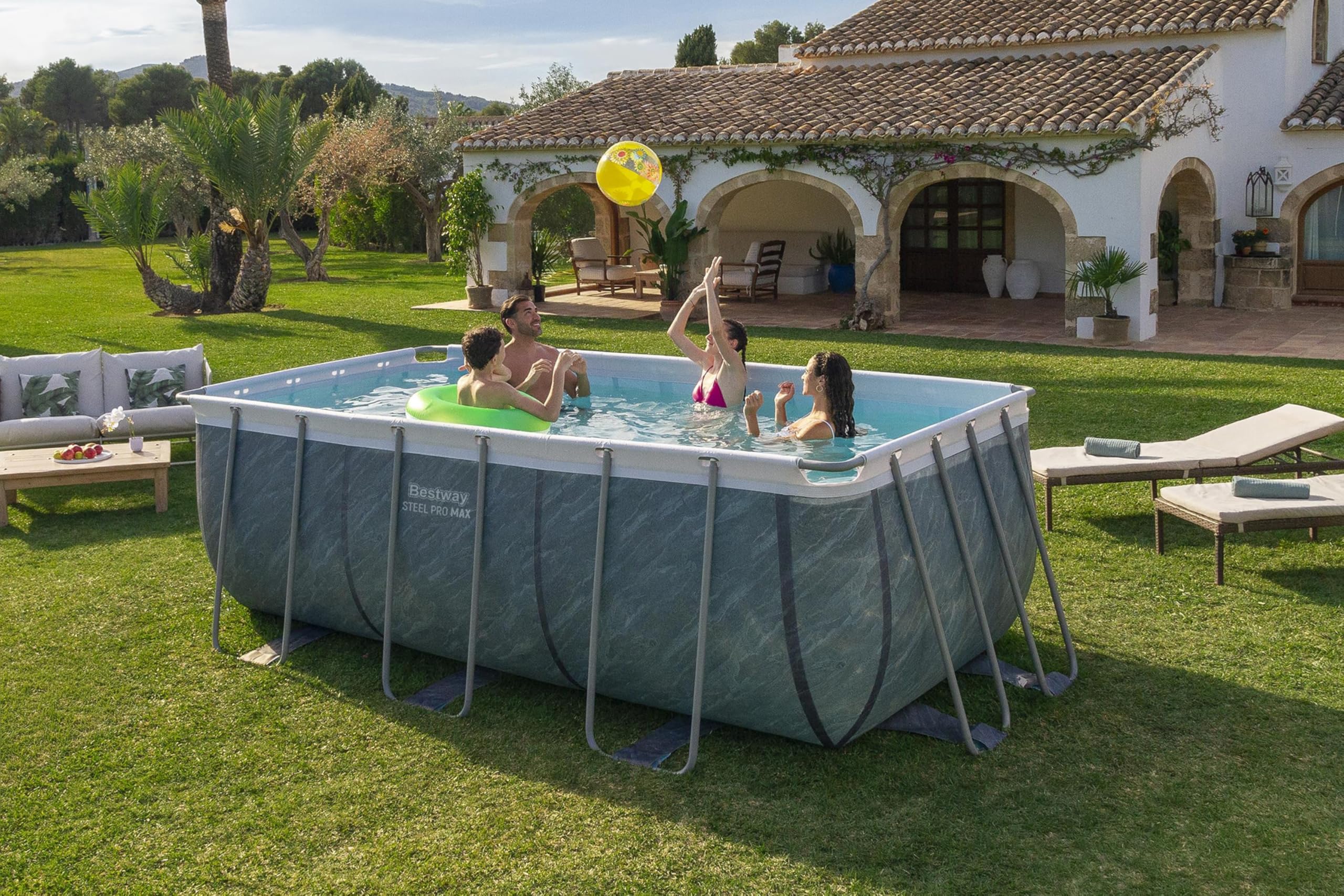 Bestway Power Steel Frame Pool Set mit Filterpumpe 412 x 201 x 122 cm, Marmor-Optik (Schiefergrau), eckig