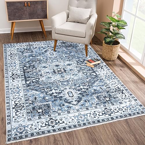 Bloom Rugs Alfombra Caria lavable, antideslizante, de 3.9 x 5.9 ft, color azul marino, tradicional, para sala de estar, dormitorio, comedor y