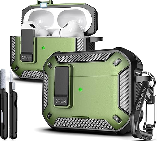 R-fun Funda para AirPods Pro 2 con kit de limpieza, elementos de fibra de carbono, cubierta desplegable automática a prueba de caídas, soporte para
