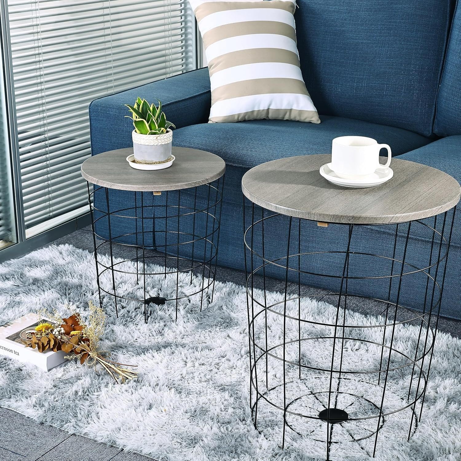 Nesting Table End Table Wire Basket Base with Wood Tops Side Table Set of 2