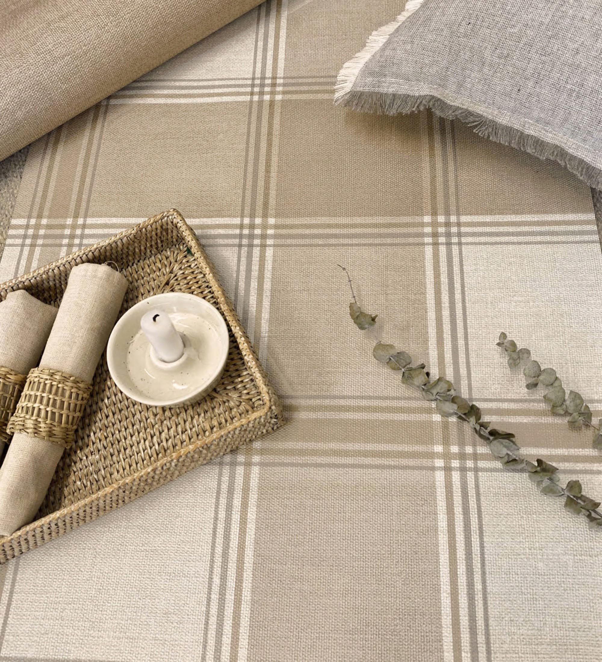 GAULAN 683398 - Papel pintado vinílico de cuadros escoceses con efecto lino en relieve color beige para pared salón cocina dormitorio pasillo mueble - Rollo de 10 m x 0,53 m