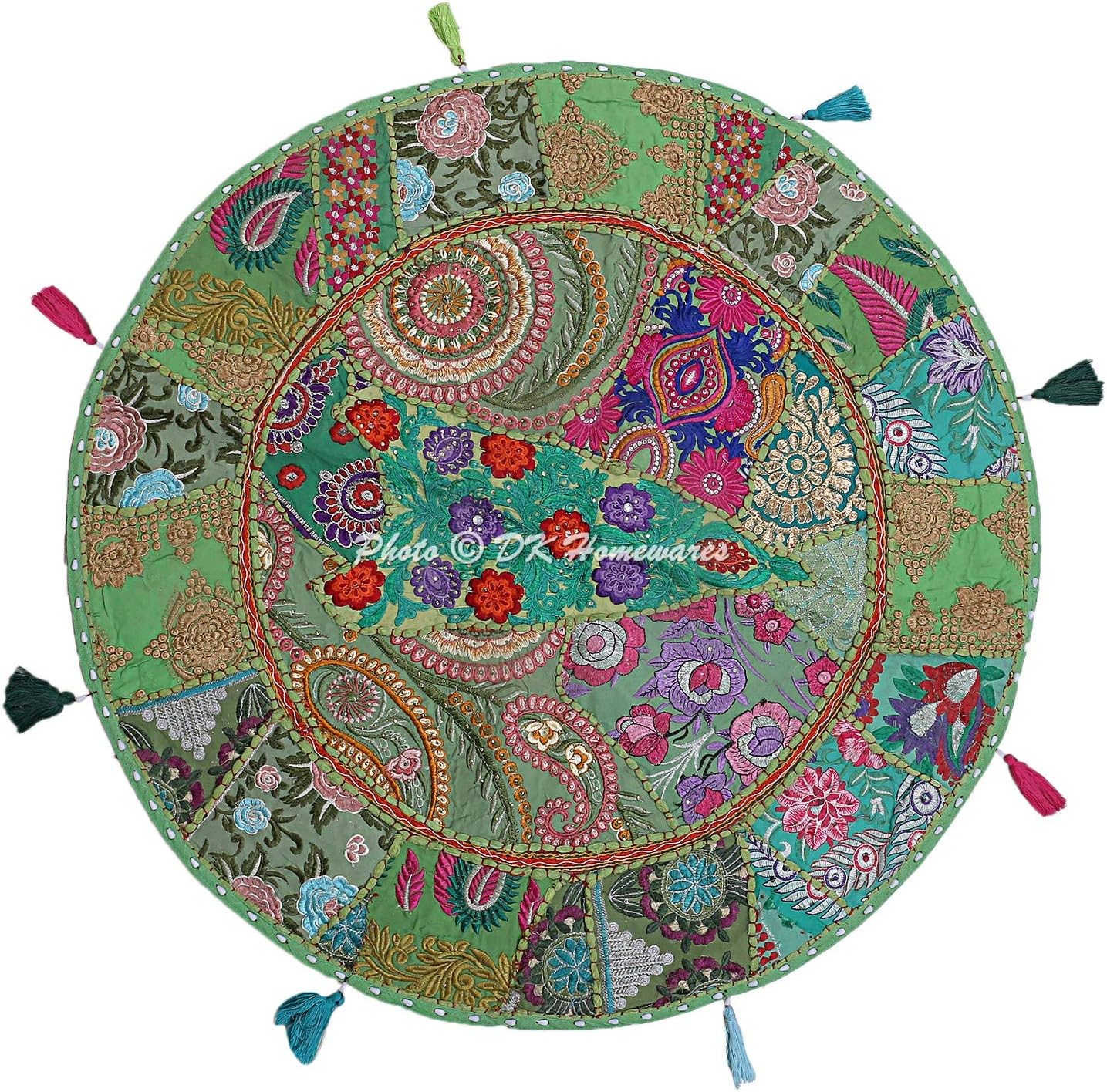 Indian Bohemian Floor Cushion for Kids Parrot Green 28 Inch Patchwork Living Room Pouffe Footstool Home Decor Embroidered Vintage Cotton Round Floor Pillow Adult 28x28