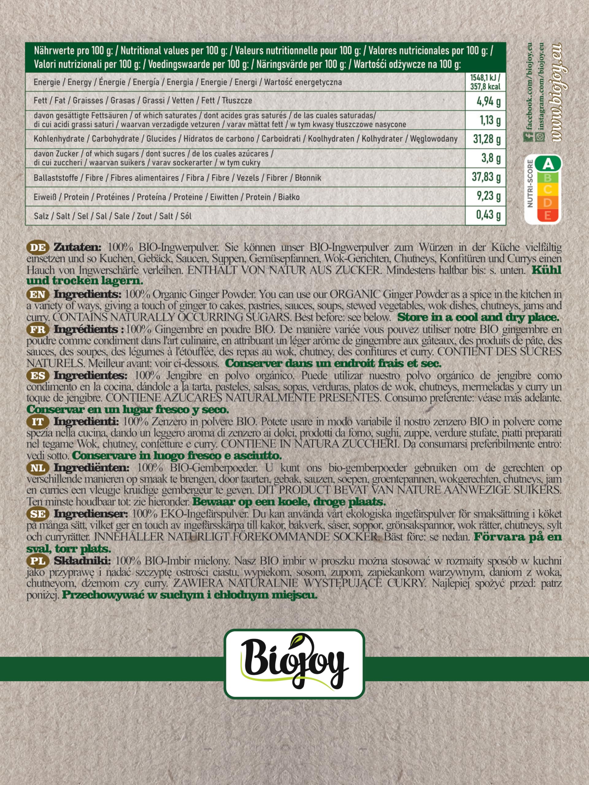 Biojoy Zenzero in polvere BIO (1 kg), disidratato e senza zucchero (Zingiber officinale)