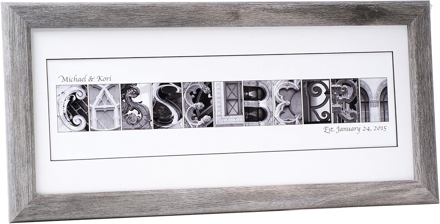 Personalized Name Sign Plaque with 12 by 26 inch Driftwood Frame created with Black and White Architectural Alphabet Photographs for Personalized Gift, Wedding, Graduation, Anniversary, Childrens Name