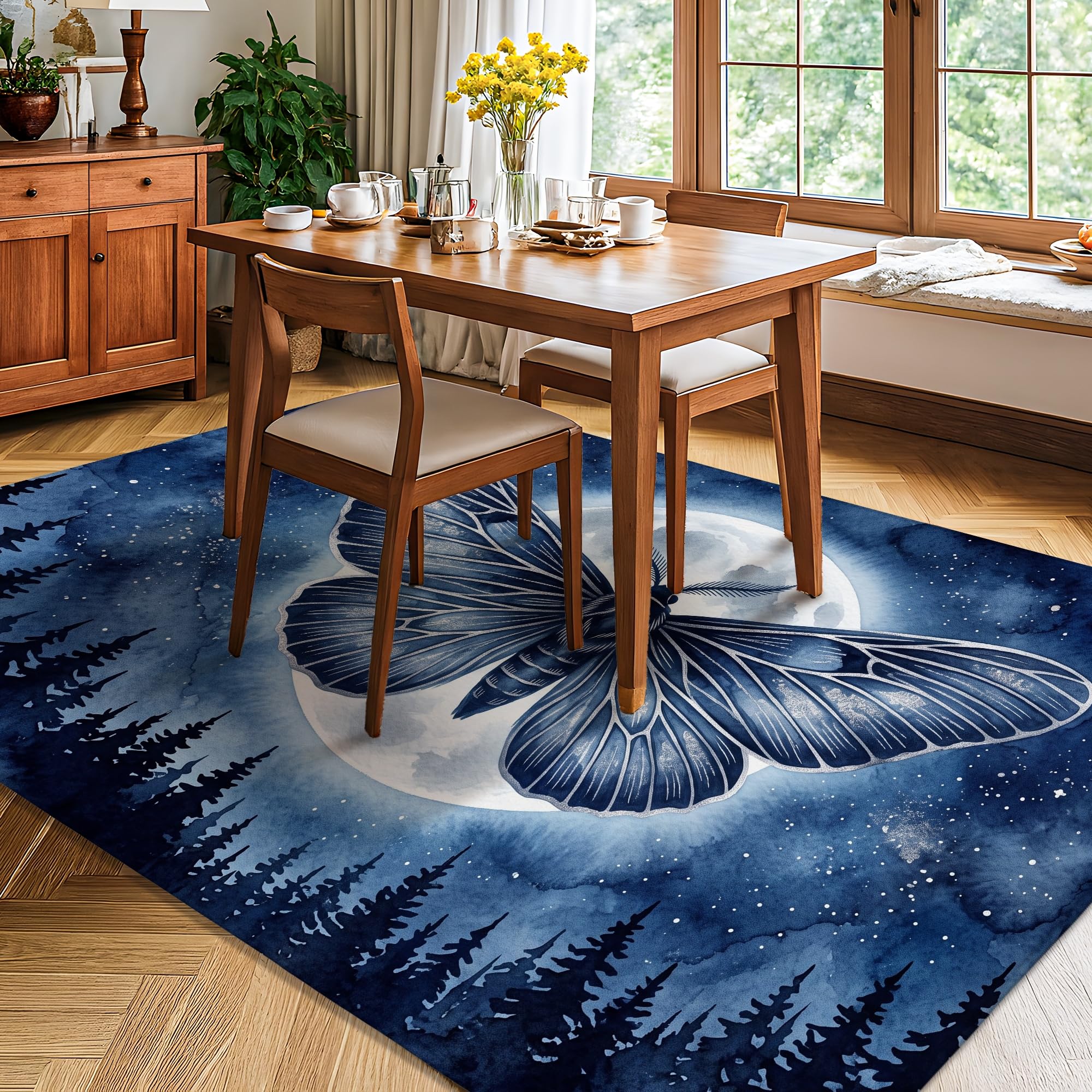 Fantasie-Teppich mit himmlischen Motten und Mond, 1,5 x 2,1 m