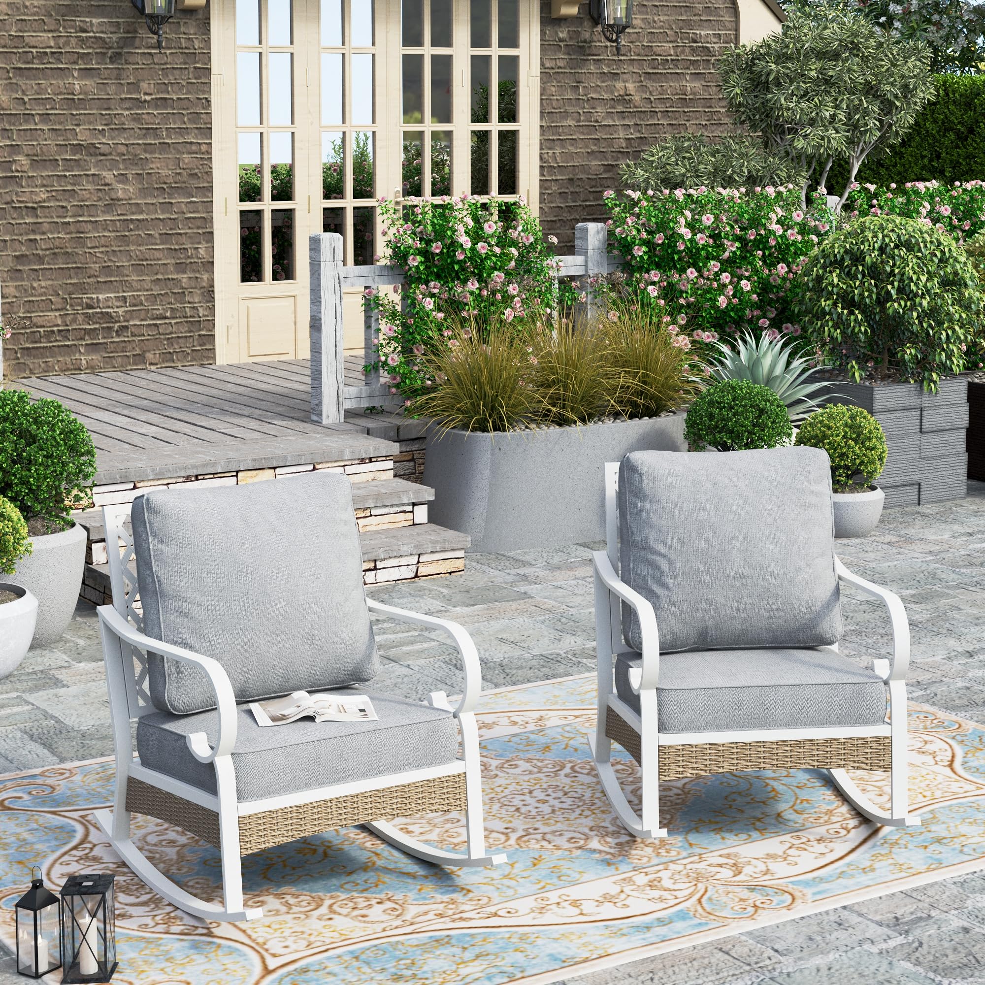 HERA'S HOUSE Outdoor Rocking Chairs Set of 2 with Cushions, High Back Patio Metal Rocker, All Weather Garden Furniture for Lawn, Backyard, Deck, Grey