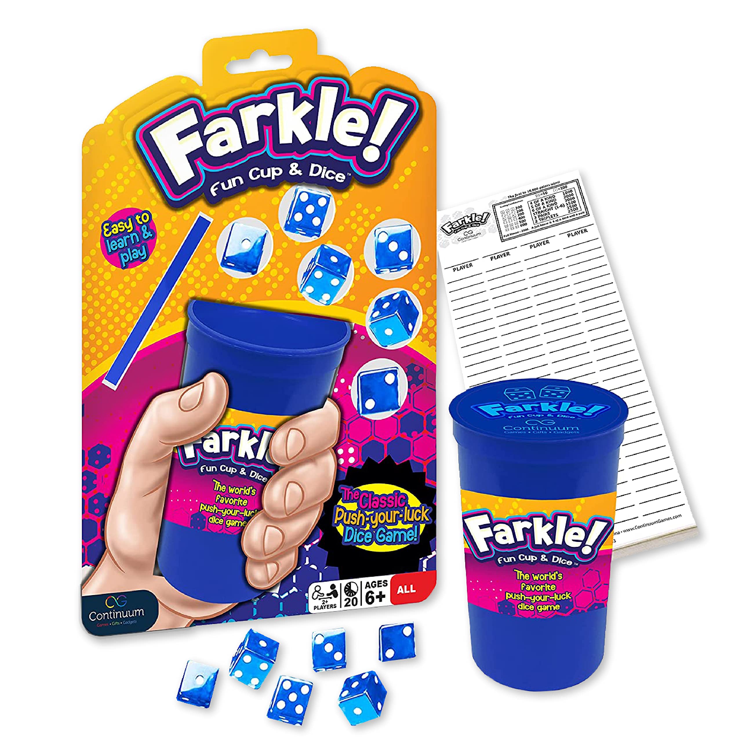 Continuum GamesFarkle Fun Cup and Dice The Worlds Favorite Classic Push Your Luck Dice Game Includes Rolling Dice Cup, 6 Dice, and Scorepad Ages 6 and up