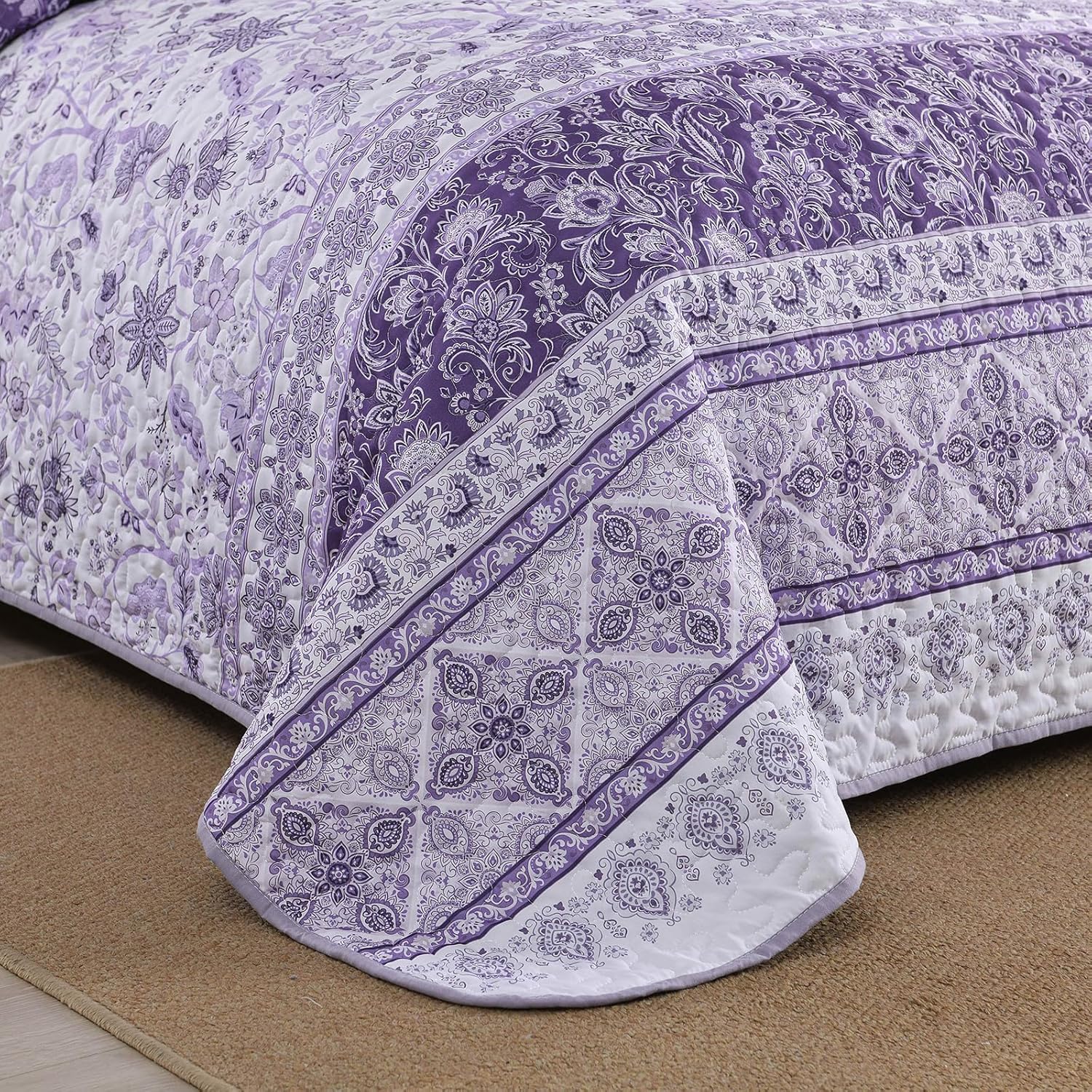 Yiran Purple Quilt Set Queen Size,Boho Striped Quilt Bohemian Floral Bedspread Lightweight Microfiber Bedding Set for All Season 104"×90" - Image 6