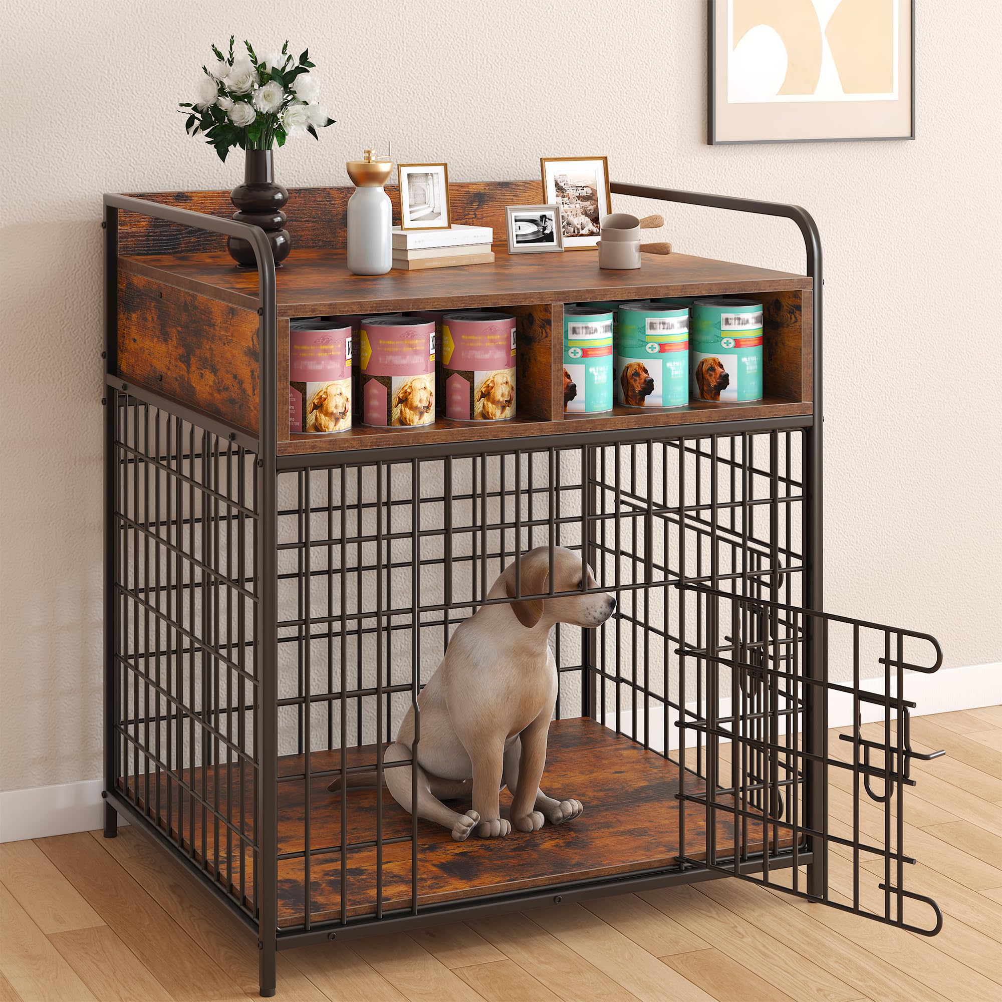 Chartyou Medium Dog Crate Furniture with Storage Drawers | 70×52×81cm Indoor Wooden Pet Kennel & Side Table | Metal and Wood Dog Cage, Rustic Brown