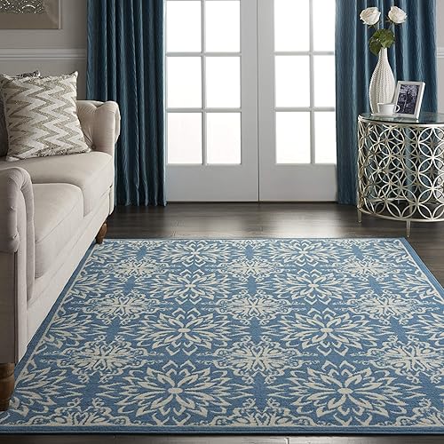 Nourison Jubilant - Tapete color marfilazul, floral de 6 x 9pies, fácil de limpiar, no se desprende, habitación, sala, comedor y cocina (6 x 9)