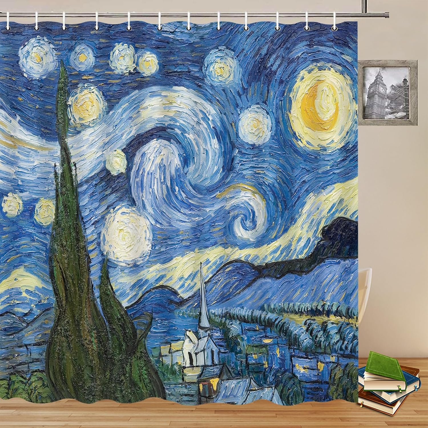 Oil Painting Style Shower Curtains, Starry Sky Moon Abstract Shower Curtain Set, Abstract Art Painting Bathroom Decor Polyester Fabric Curtain 94 x 70 Inch with Hooks
