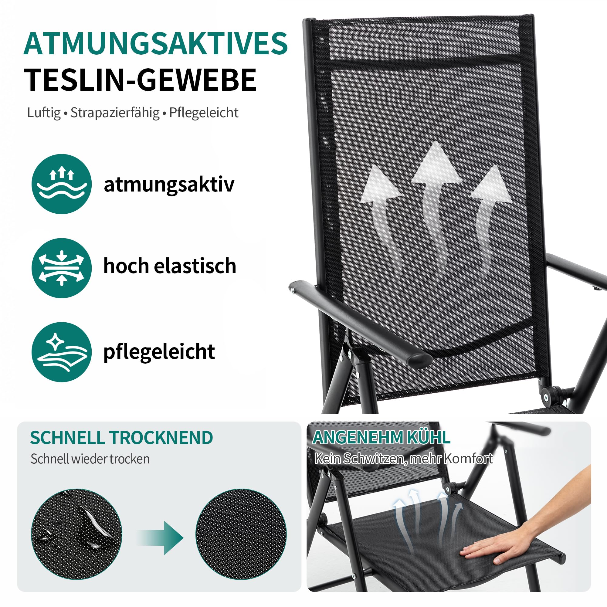 Thanaddo Gartenstuhl Hochlehner 2er Set Klappbar Gartenstühle mit Kopfkisssen, 130 KG Belastbar, Metall Campingstuhl Balkonstuhl Wetterfest für Garten, Terrasse, Balkon und Camping, Schwarz