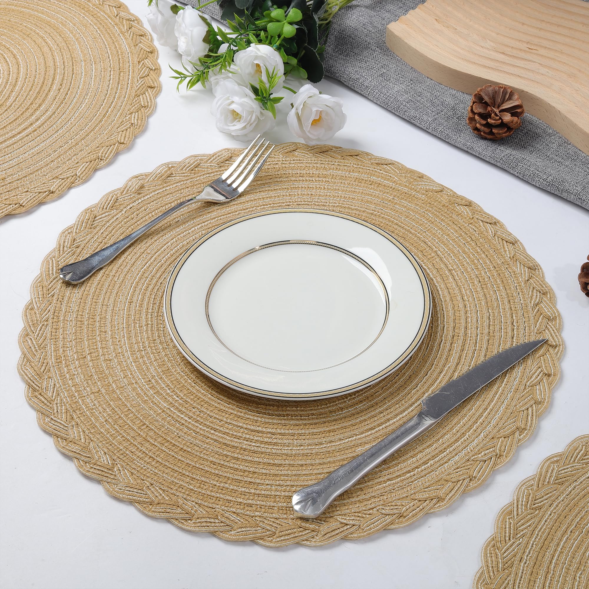 Decorasian Placemat van zeegras - waterhyacint, set van 12 tafelset afwasbaar 35 cm tafelonderzetter rond, bruin gewassen
