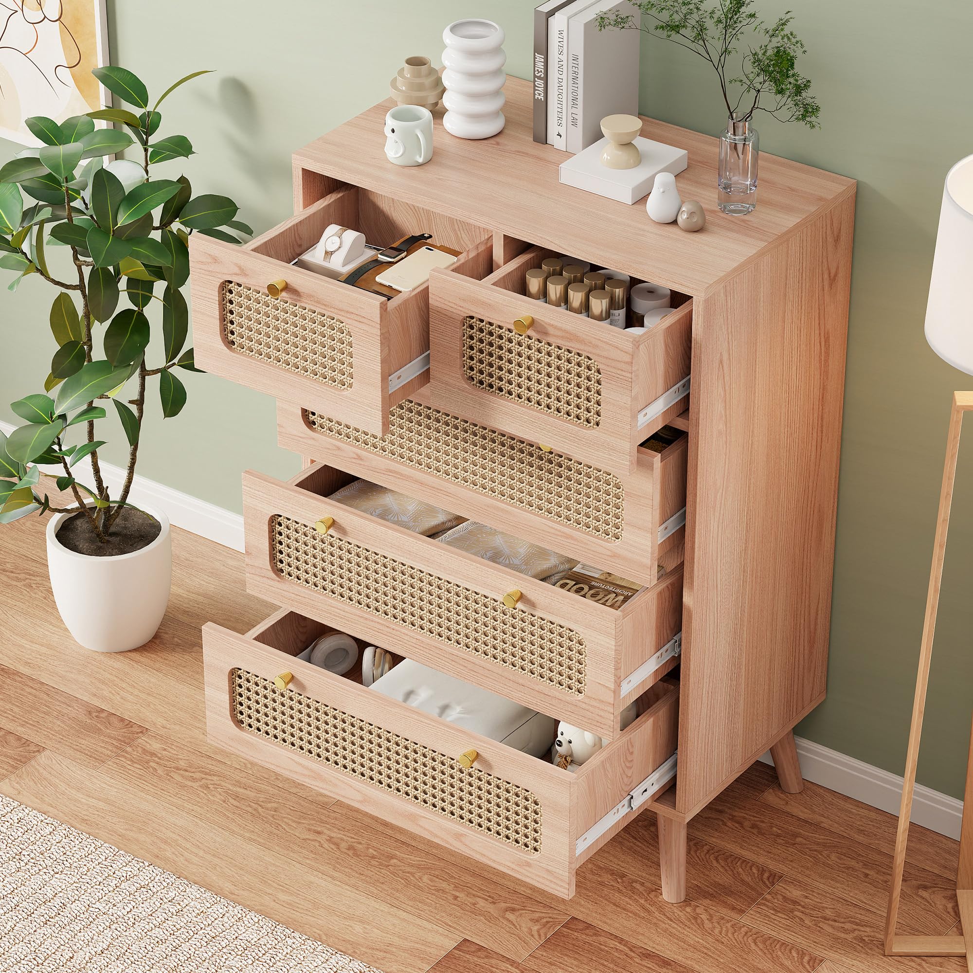 Komoda z 5 szufladami, rattanowa komoda w stylu boho, drewniana szafka obiadowa, komody, organizer z nogami, komody z metalowymi gałkami, do przedpokoju, salonu