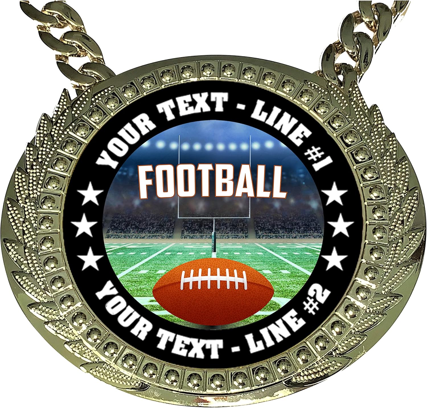 Express Medals Custom Football Champ Chain Trophy with 2 Lines of Personalized Text on a Large Rigid Plastic Award Medal and 34 Inch Long Gold Color Neck Chain. EG120