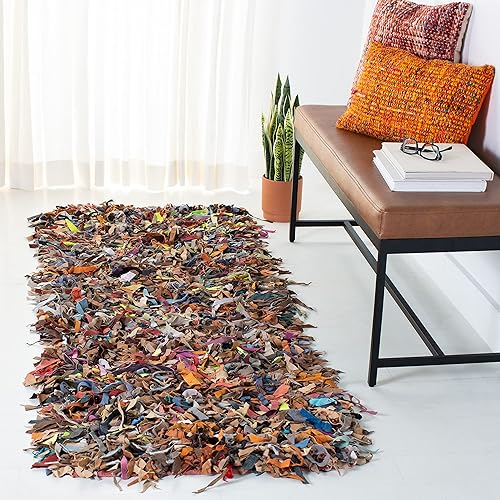 SAFAVIEH Leather Shag Collection - Alfombra de pasillo, 2 pies 3 pulgadas x 11 pies, multicolor, cuero moderno anudado a mano, no desprende pelusa y