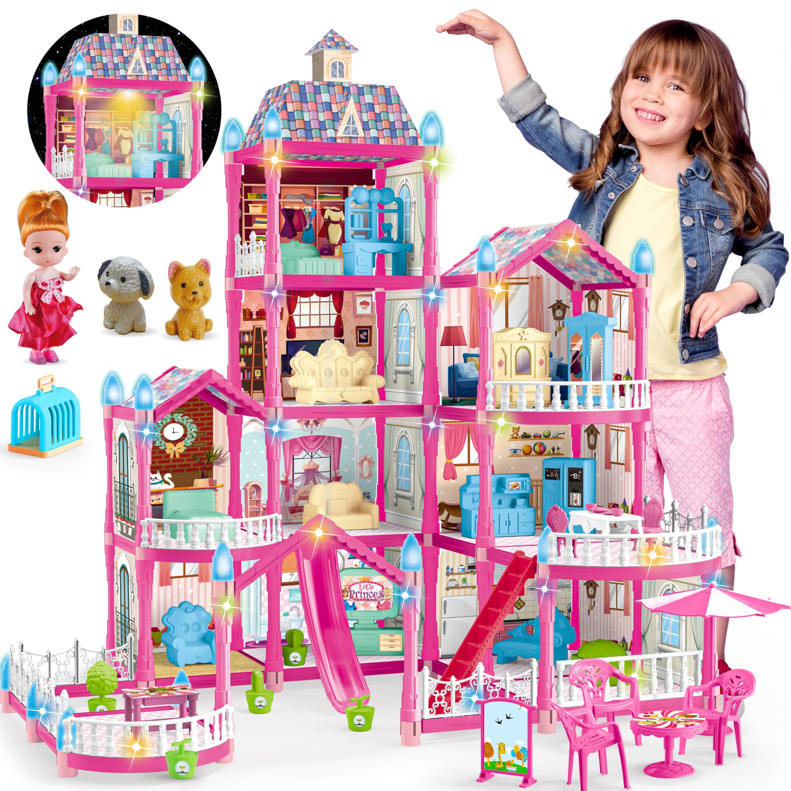 Doll House for Girls ,10 Rooms Pink Doll House with Dolls Figure, Puppies  ,Furnitures, Accessories, LED Light, Toddler Playhouse Gift for for 