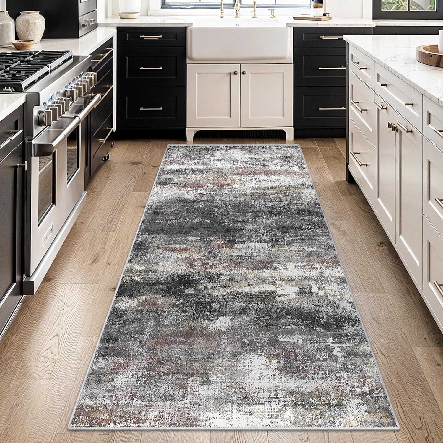 Runner Rug for Hallway Kitchen 2x10 Machine Washable Runners Rug for Entryway, Dark Gray Soft Modern Abstract Throw Rugs, Low Pile Floor Carpet with Non Slip Rubber Backing