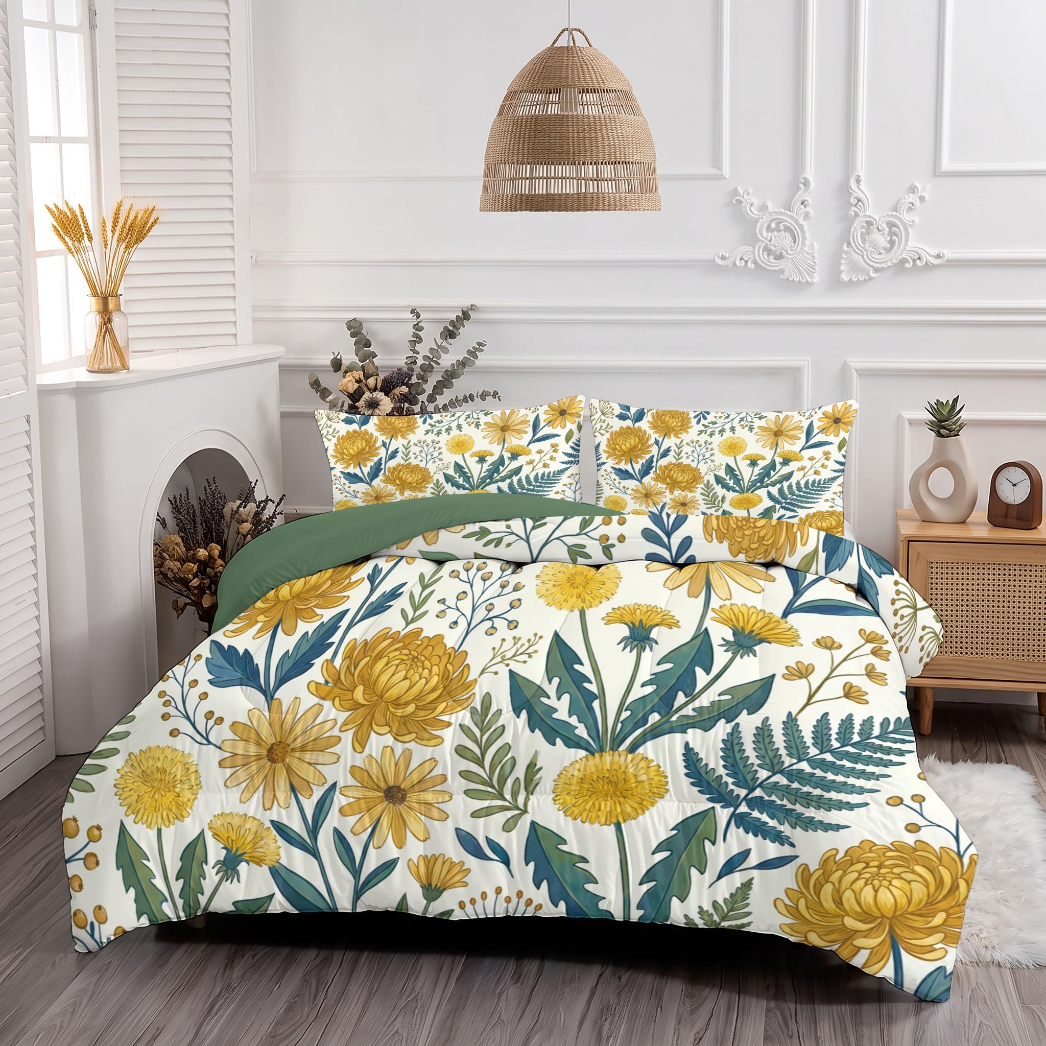 Chrysanthemen Löwenzahn Farne Bettdecke Ohne Bezug 140x200cm | 4 Jahreszeiten Warme & Weiche Bettdecken - Vintage Handbemalte Blumen Steppdecke Ohne Bezug Nutzbar Schlafzimmer Deko Mit 2 Kissenbezug