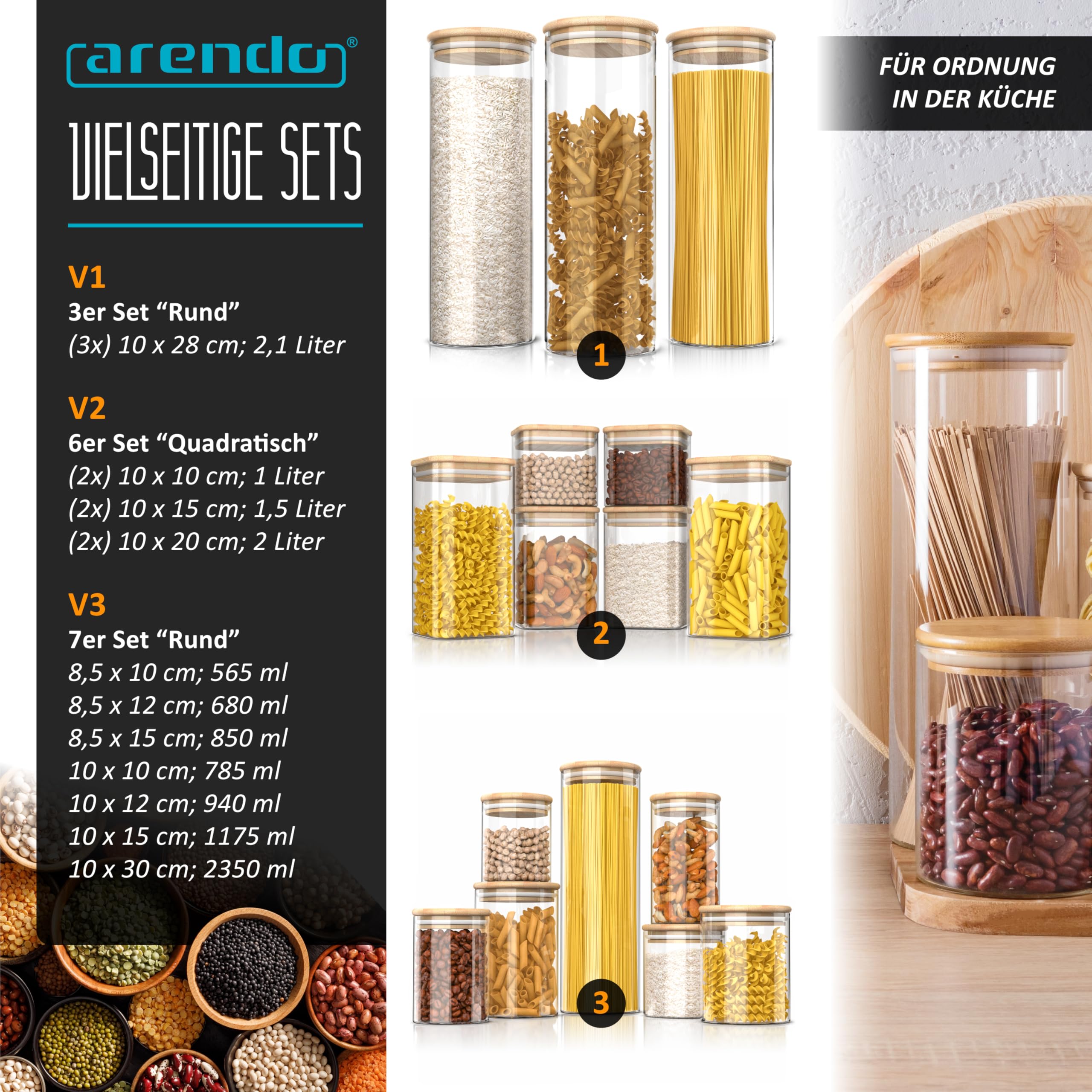 Arendo Vorratsgläser 4er Set - Glasbehälter Mit Bambusdeckel 1,5L