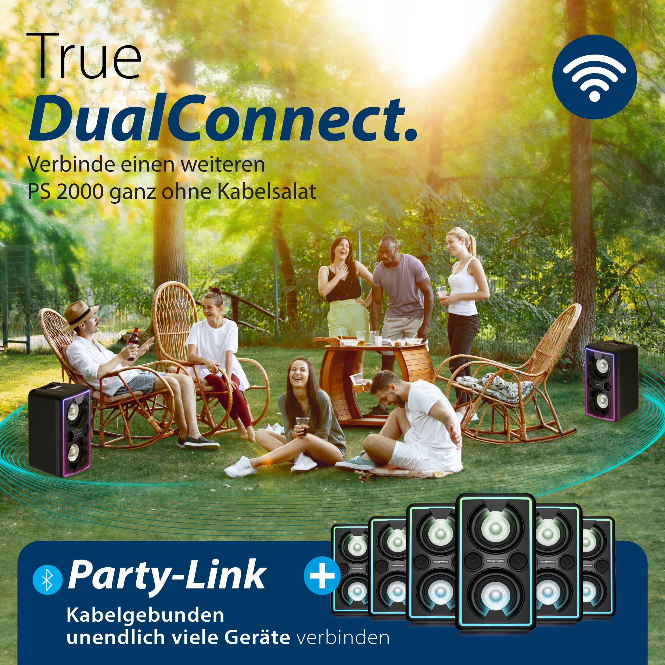 BLAUPUNKT PS 2000 Mobile PA Sound Anlage Bluetooth Soundsystem mit Akku, Lichteffekten, Equalizer, Radio, Mikrofon, 2 x 25 Watt RMS