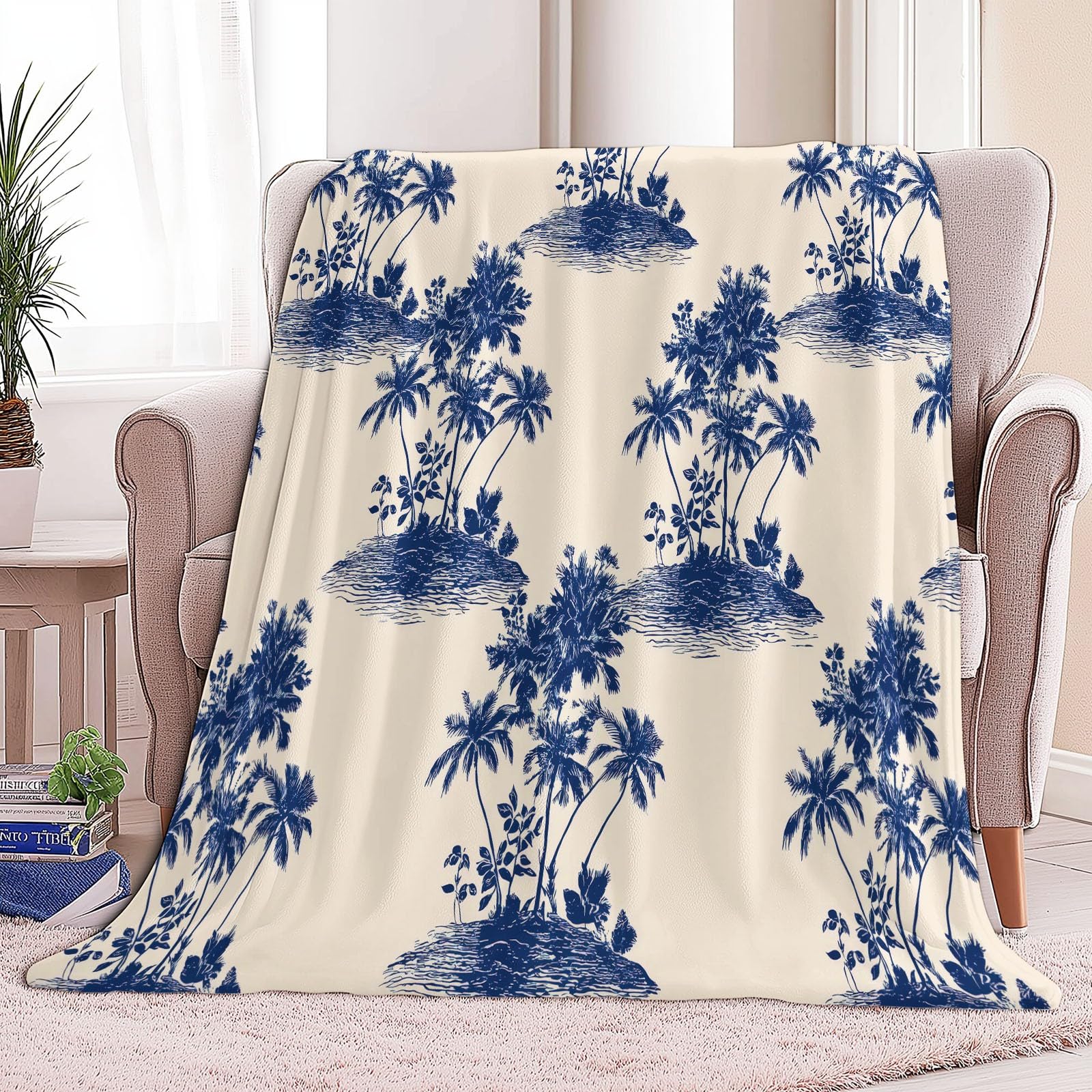 Genérico Manta de Forro Polar de Franela 220 x 240 cm, Beige Manta Estampada con Retro Minimalismo Plantas Palmeras - Invierno Calentitas para Niñas Niños Adultos