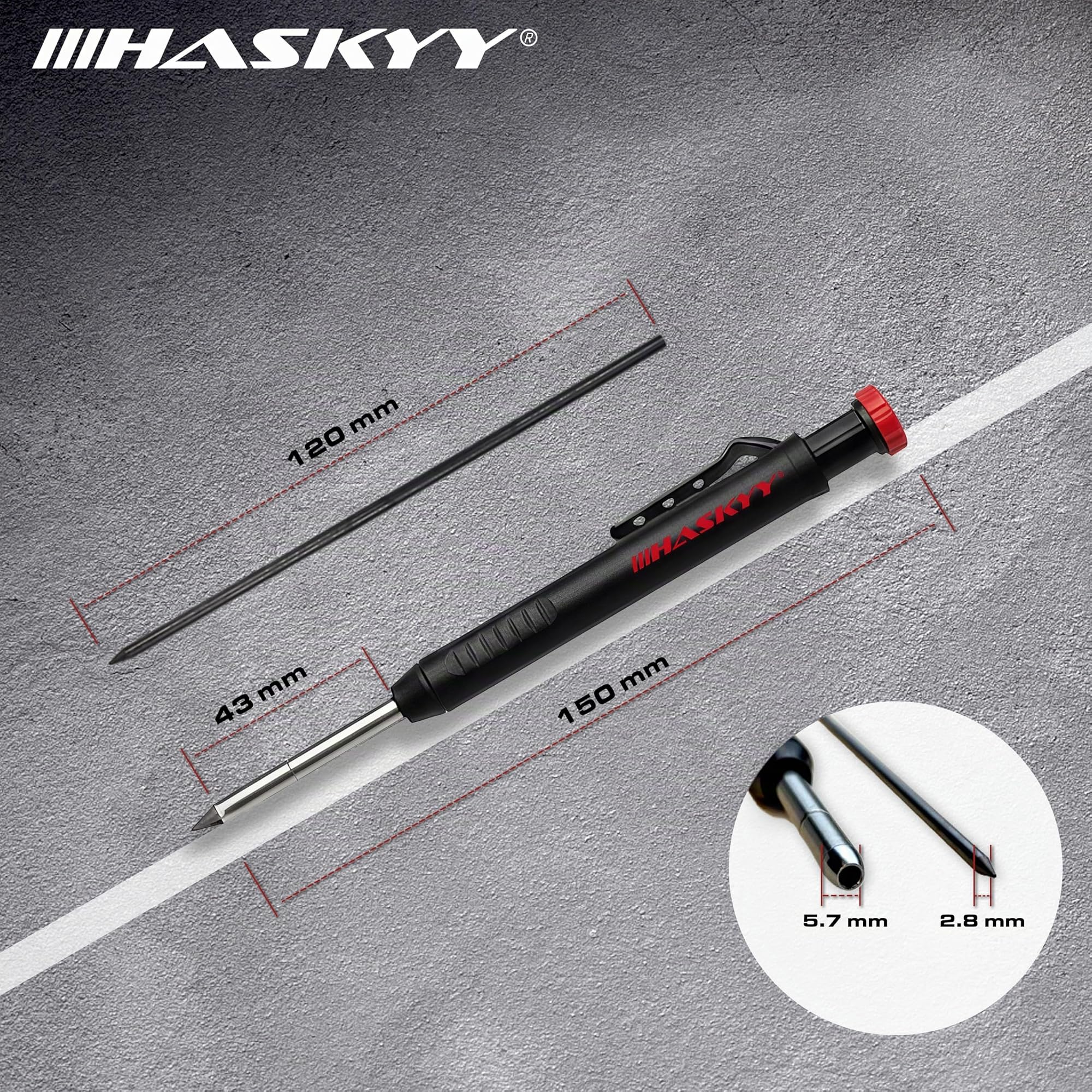 Tieflochmarker Bleistift mit Spitzer & Clip 7x Minen in Schwarz/Rot/Gelb HASKYY