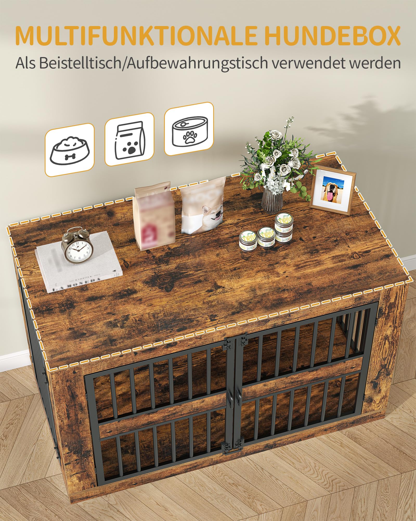 Hzuaneri Hundekäfig Möbel, 120 cm Hundebox für Zuhause mit 4 Türen, XXL Hundebox Möbel, Moderne Hundebox Holz Indoor für Mittlere/Große Hunde, 120 x 75,5 x 87 cm, Vintage Braun 9220101B