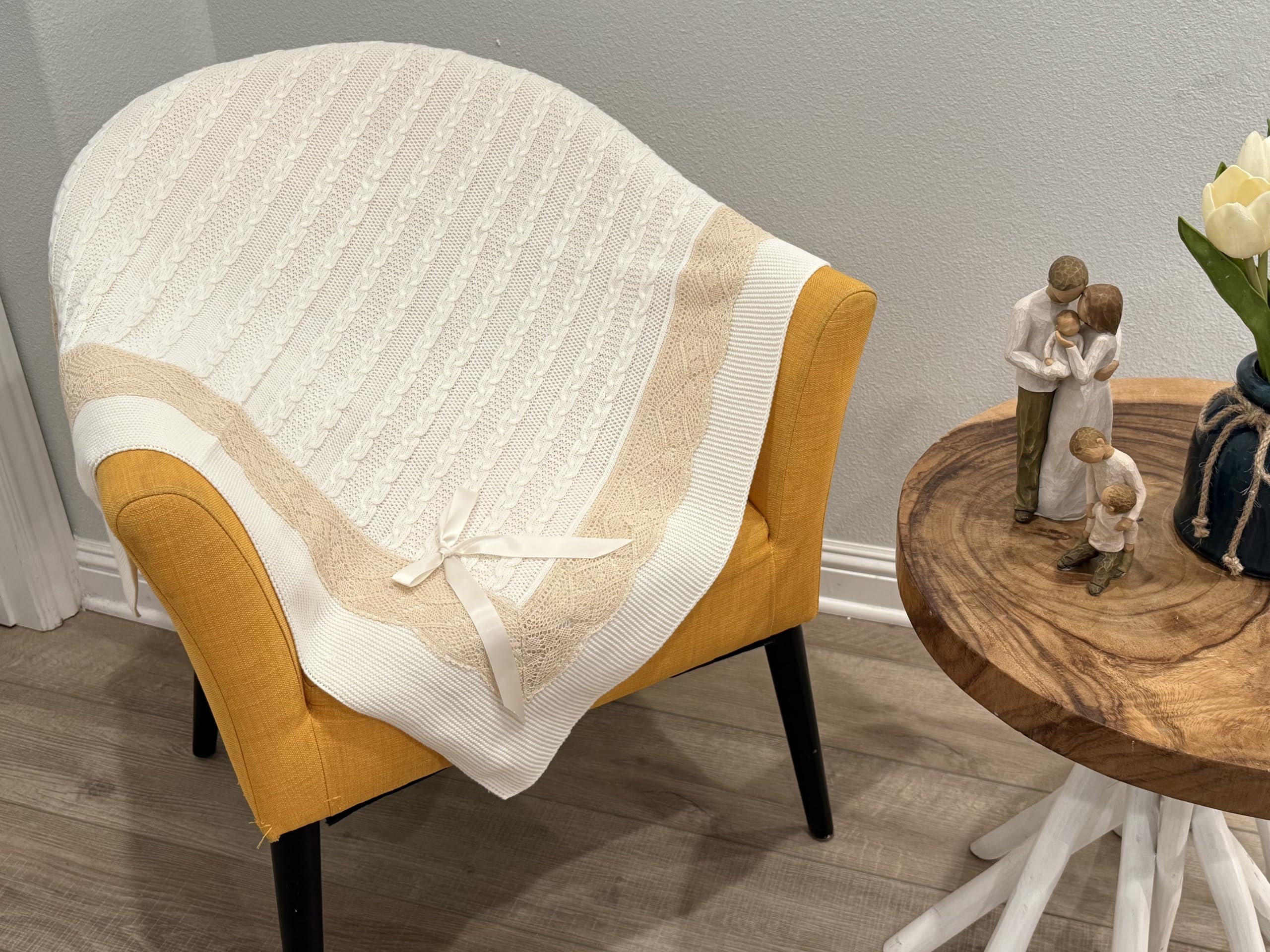 Luxury Spanish Knit Baby Blanket for Boys and Girls with Intricate Lace Trim – Timeless Keepsake. 39'' x 41'' (Beige)