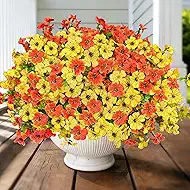 Artificial Flowers for Outdoors UV Resistant, 12 Bundles Realistic Faux Daisy with Eucalyptus Leaves Fake Plants for Porch Patio Planter Garden Decoration (Orange Yellow)