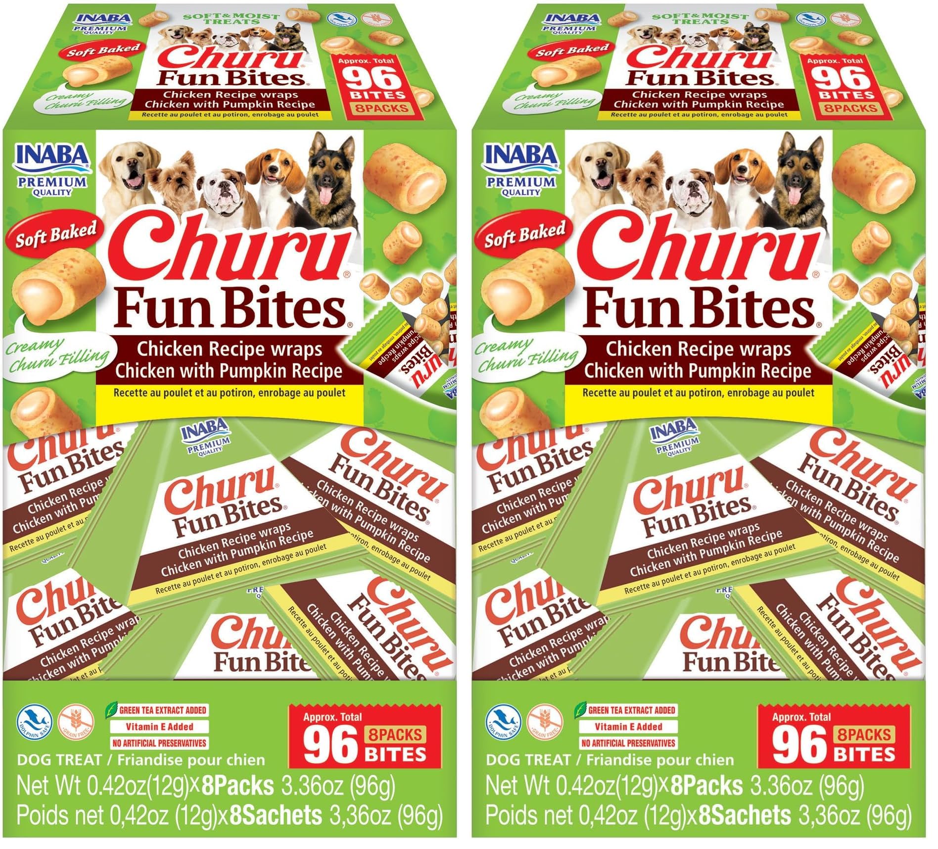 INABA Churu Fun Bites for Dogs, Soft & Chewy Baked Chicken Wrapped Filled Dog Treats with Vitamin E, 0.42 Ounces per Tetra, 8 Tetras per Box, Chicken with Pumpkin Recipe (Pack of 2)