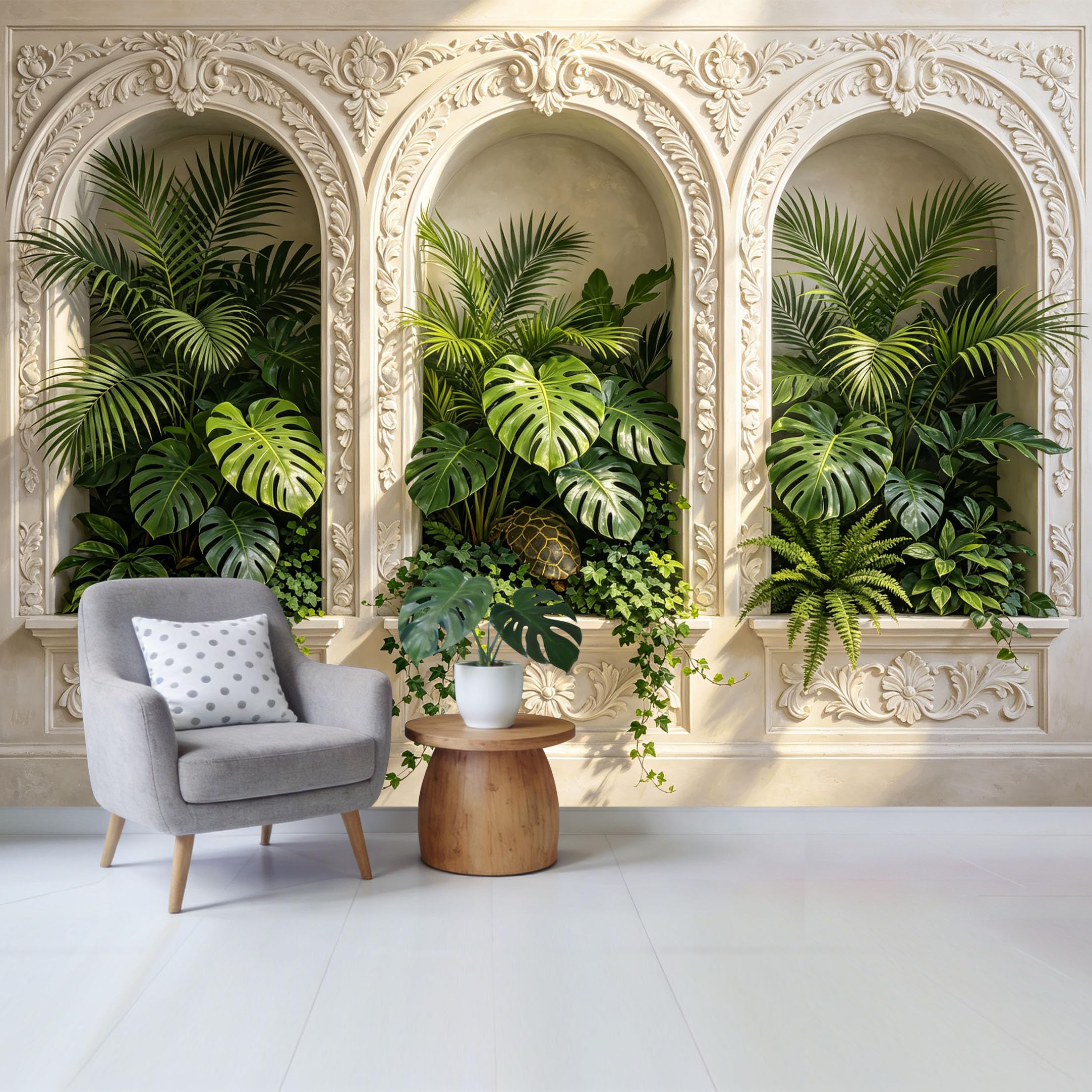 Custom Size Wall Mural Tropical Botanical Green Leaves Arch Niche Design Removable Self Adhesive Fabric Home Wall Decor for Living Room Bedroom Bathroom