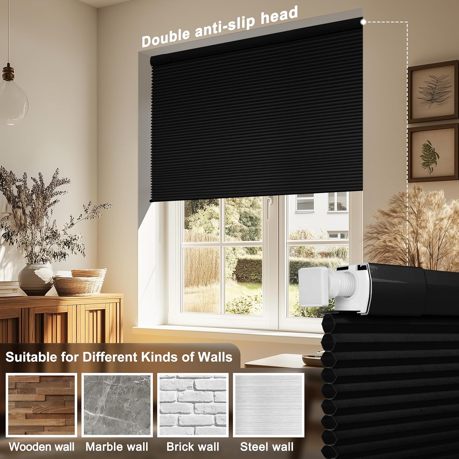 No Drill No Tools Blackout Cellular Shades Easy to Install for Indoor Windows Cordless Honeycomb Blinds Thermal Insulated Noise Reduction,Black,59" W x 48" H