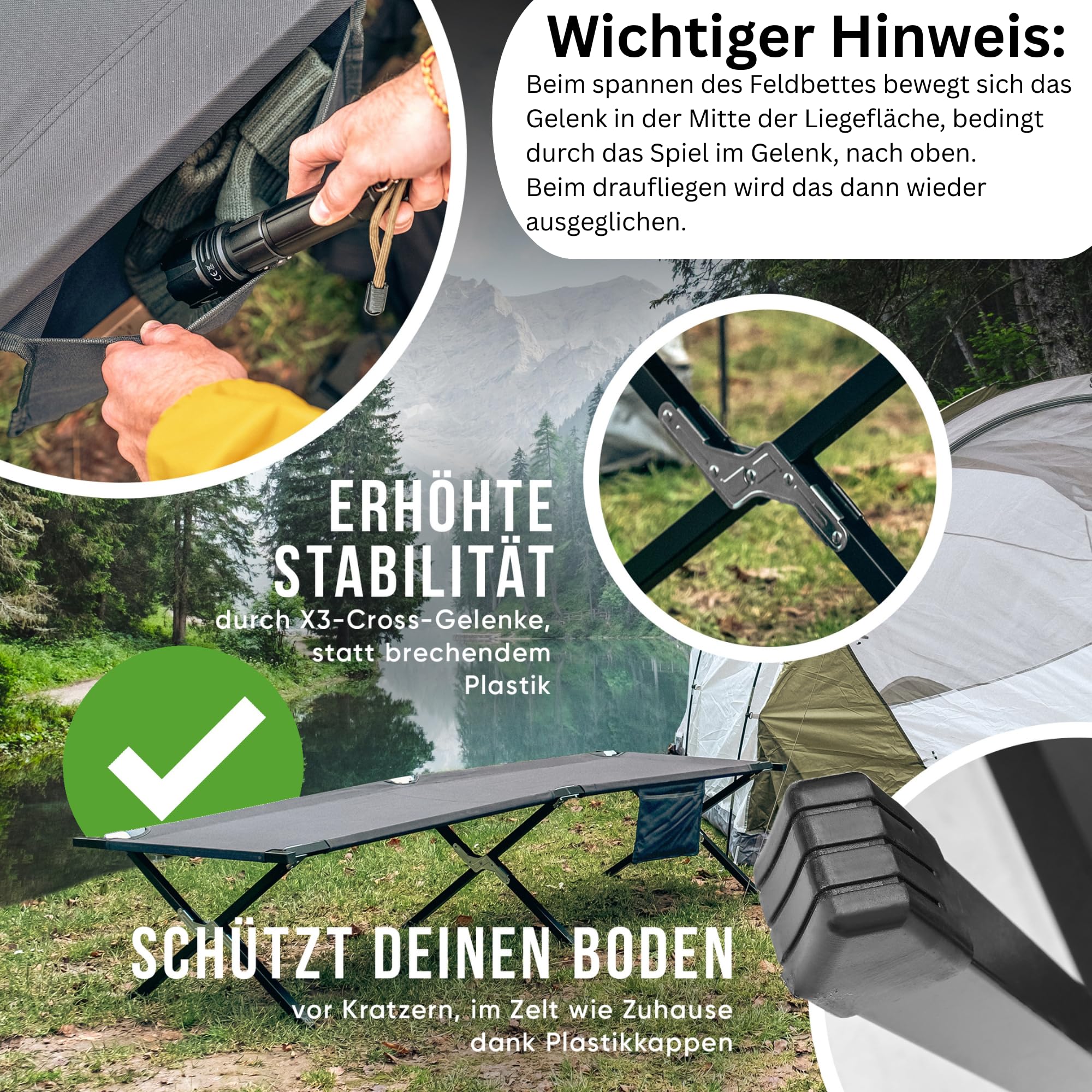 Feldbett XXL 200kg belastbar 210x70 [mit Montagetool] – Campingbett, Campingliege faltbar leicht, Feldbett klappbar, Camping Bett