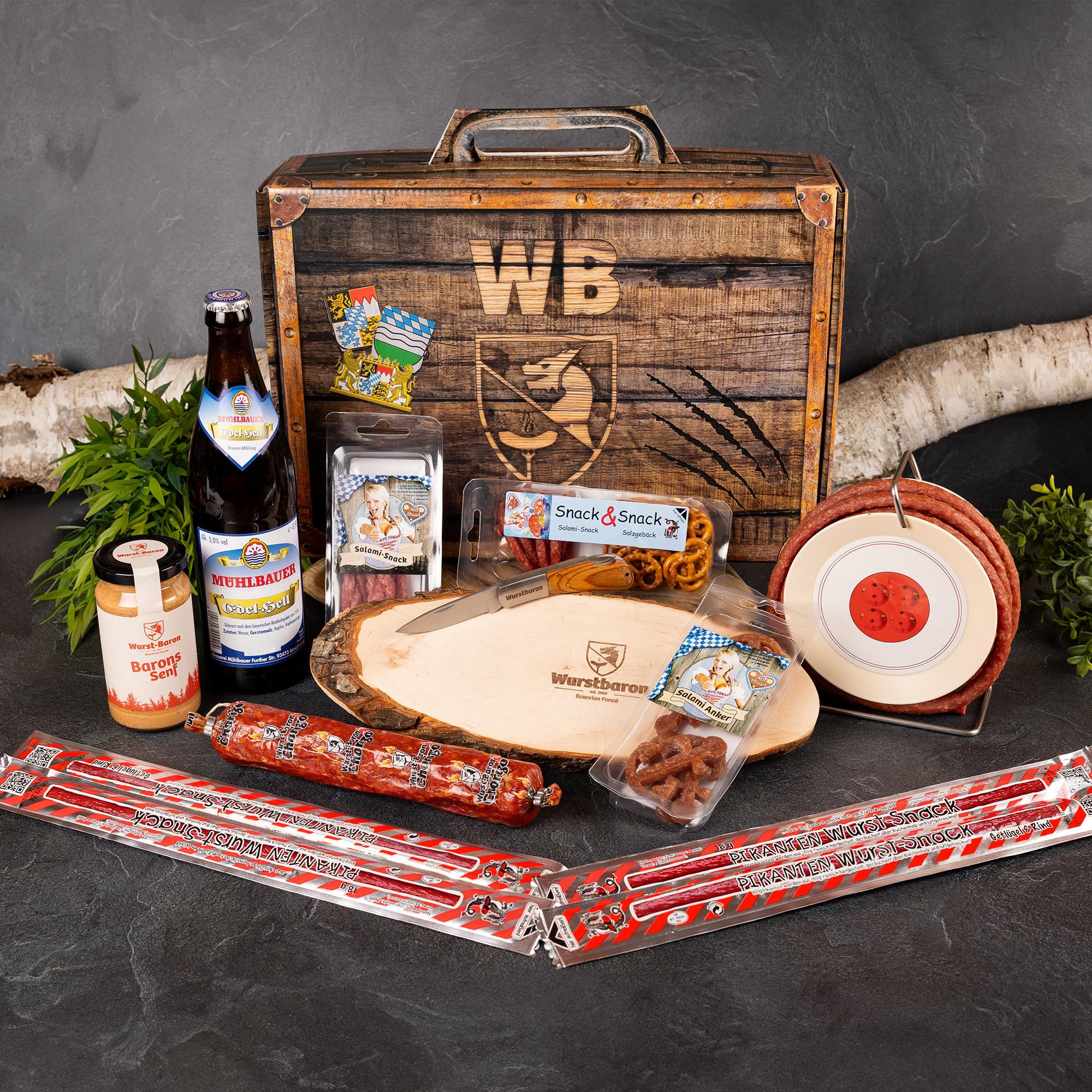WURSTBARON® Feierabend Set ideales Paket für den Feierabend Wurstpaket aus Salami Snacks, Bayerischen Bier, Kabeltrommel und Taschenmesser