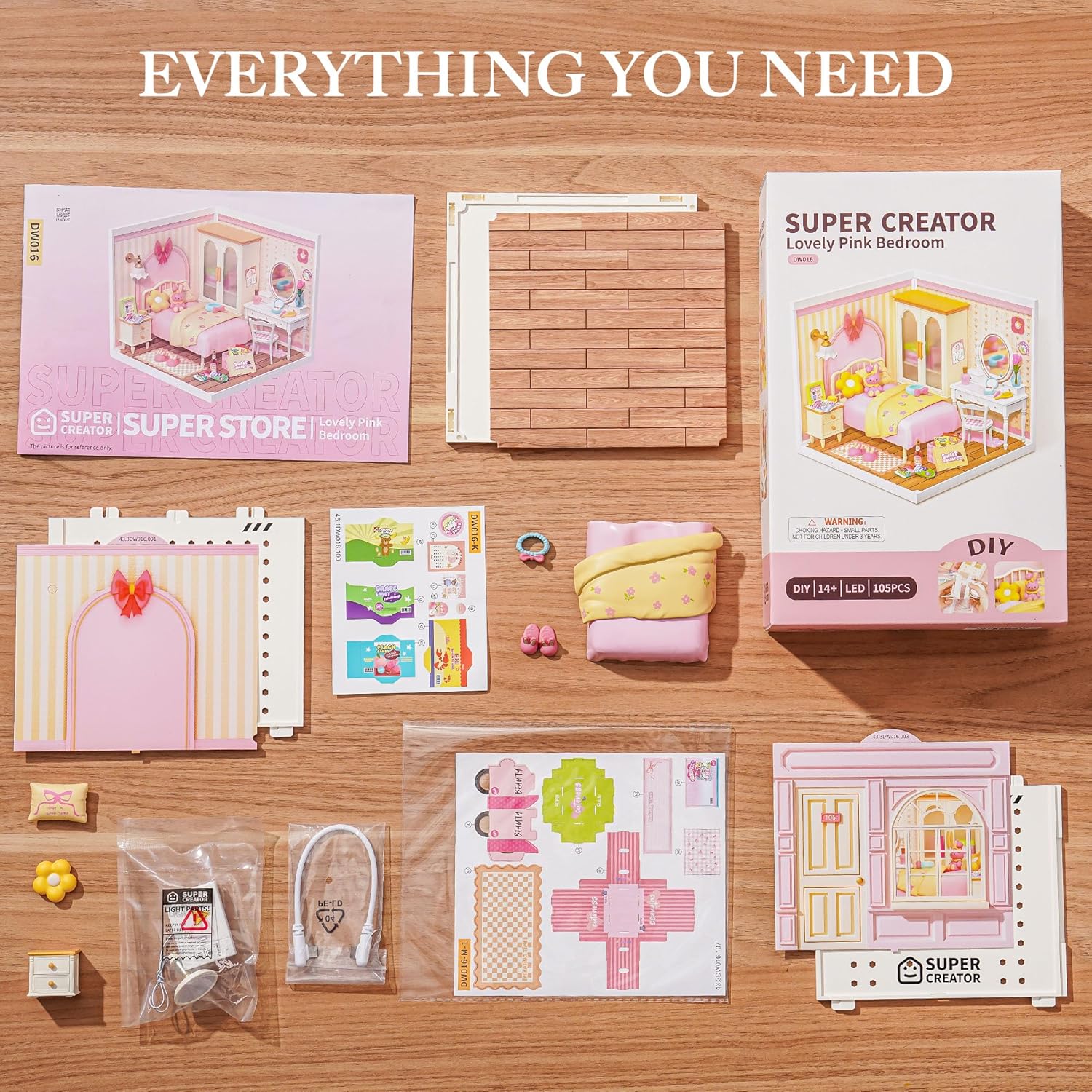 ROBOTIME Super Creator Kits, DIY Miniature House Kit with LED, Plastic Mini House, Toy Building Set, Mini Figures Construction for Teens &Adults, Craft for Home Decor Unique Gift (Lovely Pink Bedroom)
