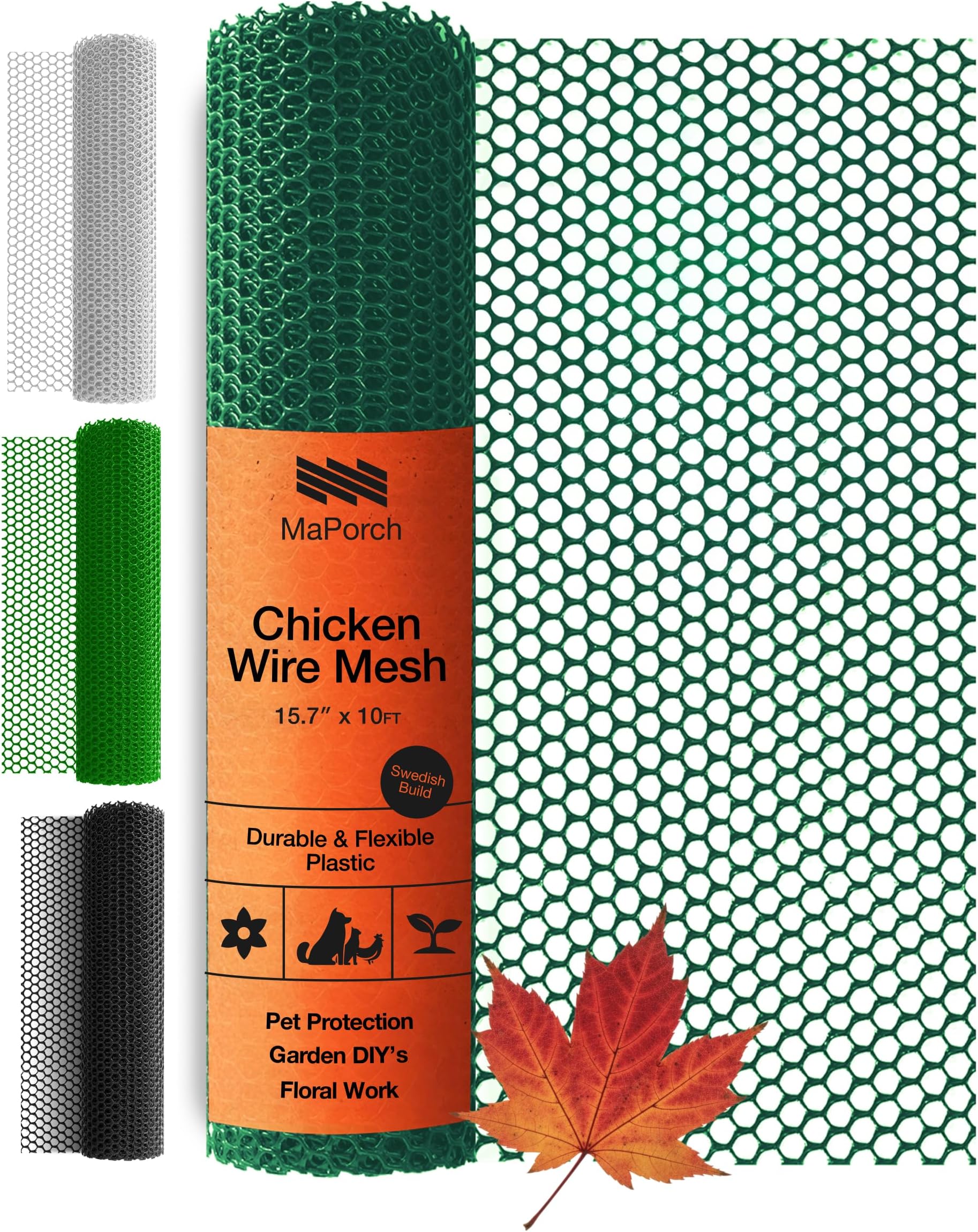 Maporch Plastic Chicken Wire Fencing for Pet Protection - 15.7" x 10ft, HDPE Hunter Green Chicken Wire - Garden Fence Animal Barrier for Dogs, Cats and Rabbits (1-Pack)
