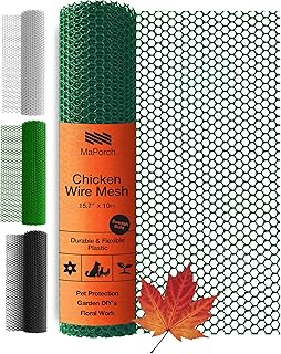 MaPorch Plastic Chicken Wire Mesh Fence - Green Mesh, 15.7 in x 10 ft - Quick-Install Chicken Wire Fencing - Plant Protectors from Animals - Weather-Resistant Garden Netting - Pet & Poultry Netting